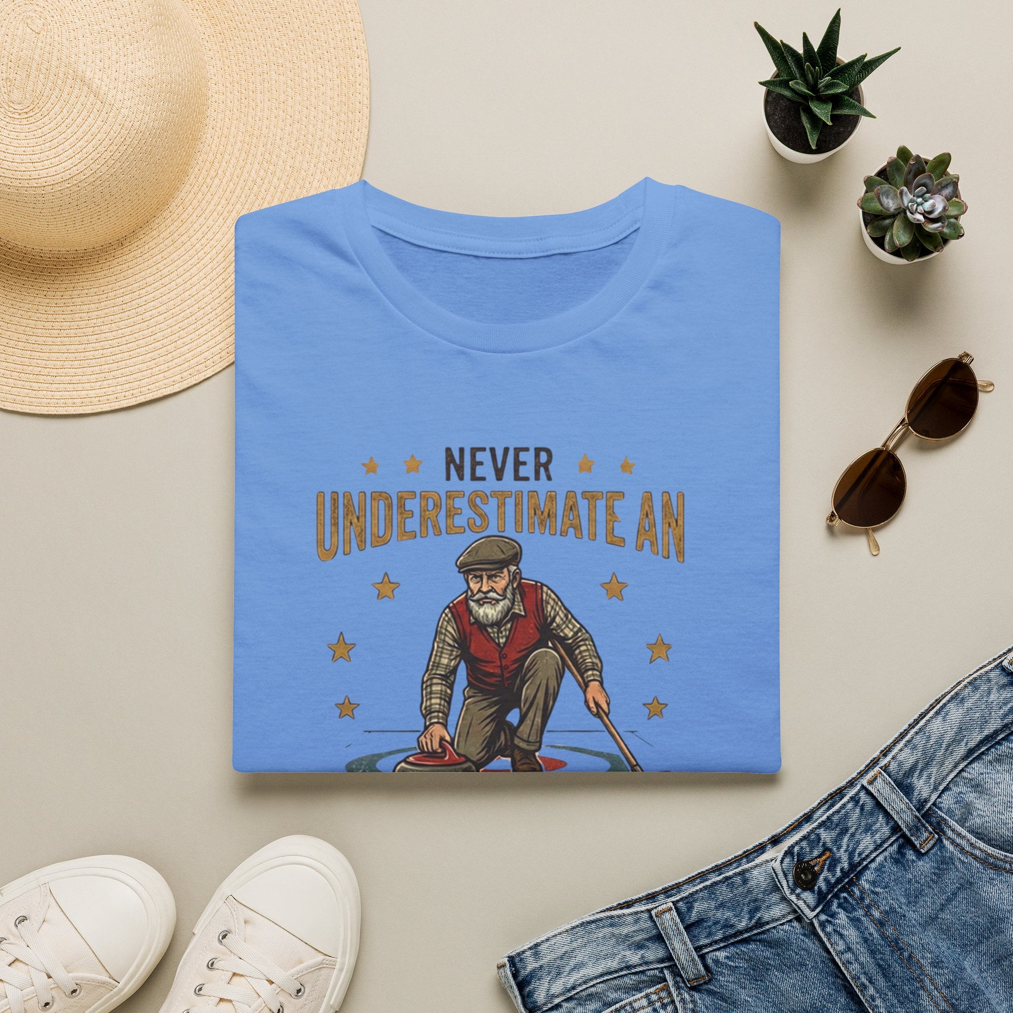 T‑Shirt — "Never Underestimate an Old Man with a Broom" Vintage Curling Design
