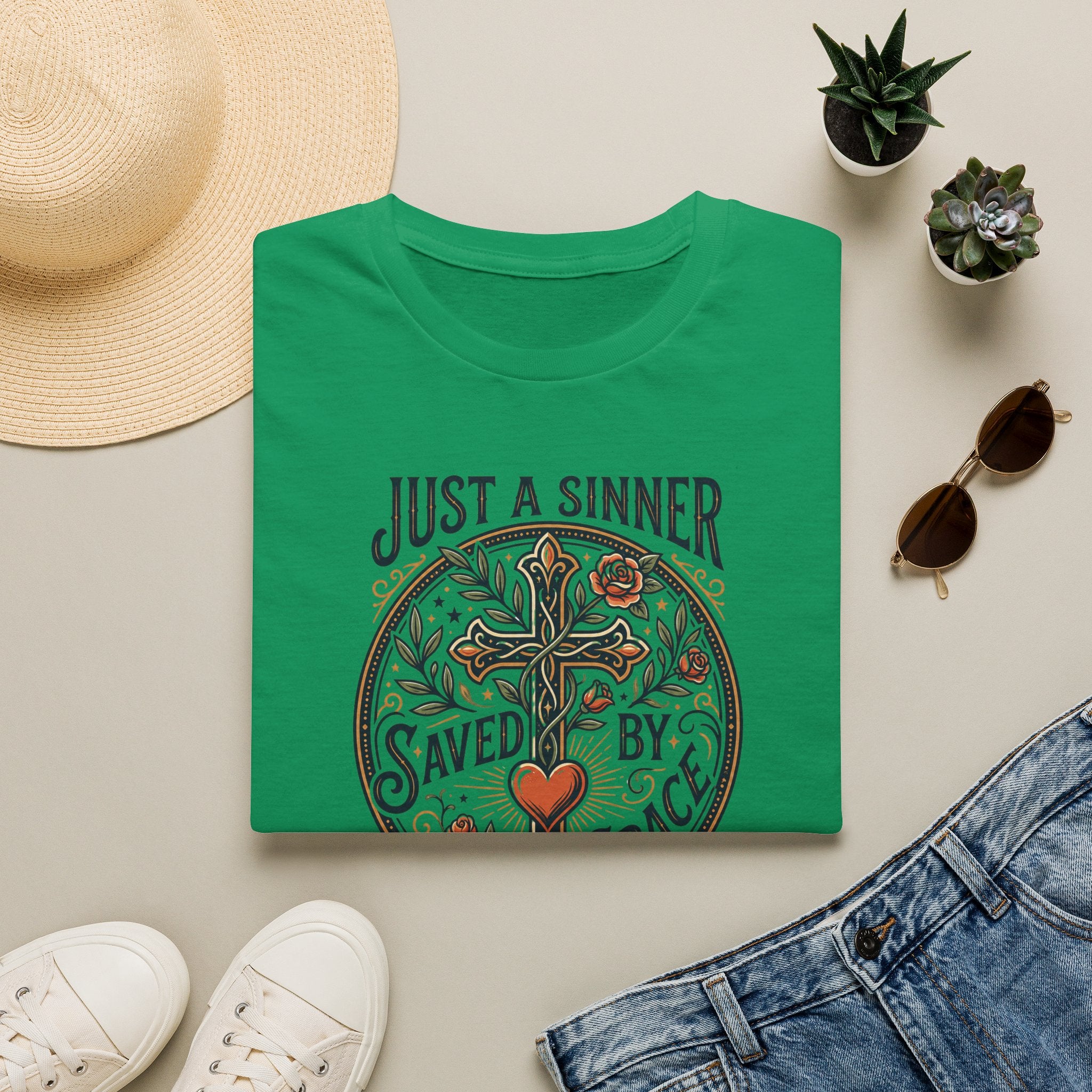 Christian Faith T-Shirt — "Just a Sinner, Saved by Grace" Cross Design