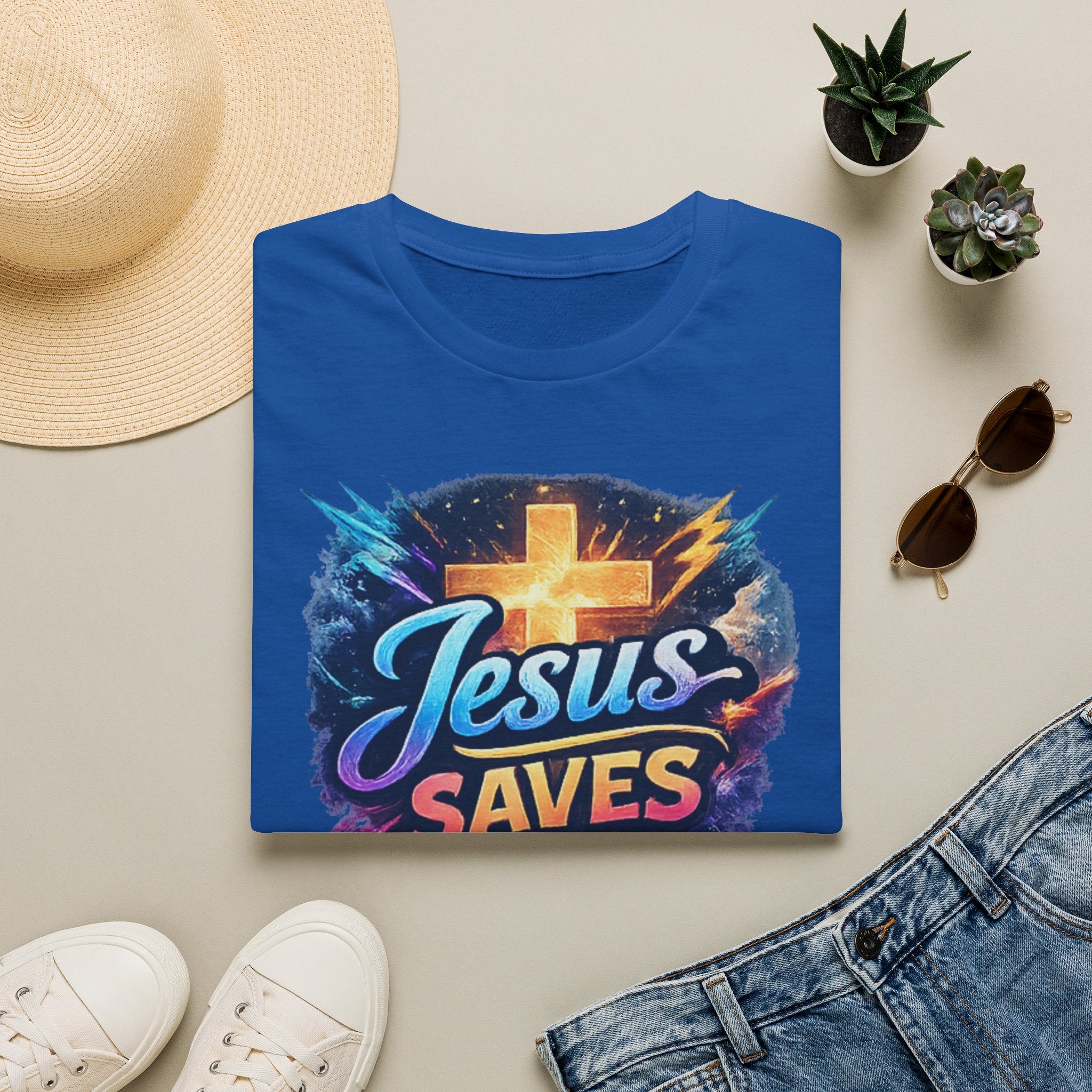 Jesus Saves T-Shirt — Colorful Cross Christian Faith Tee