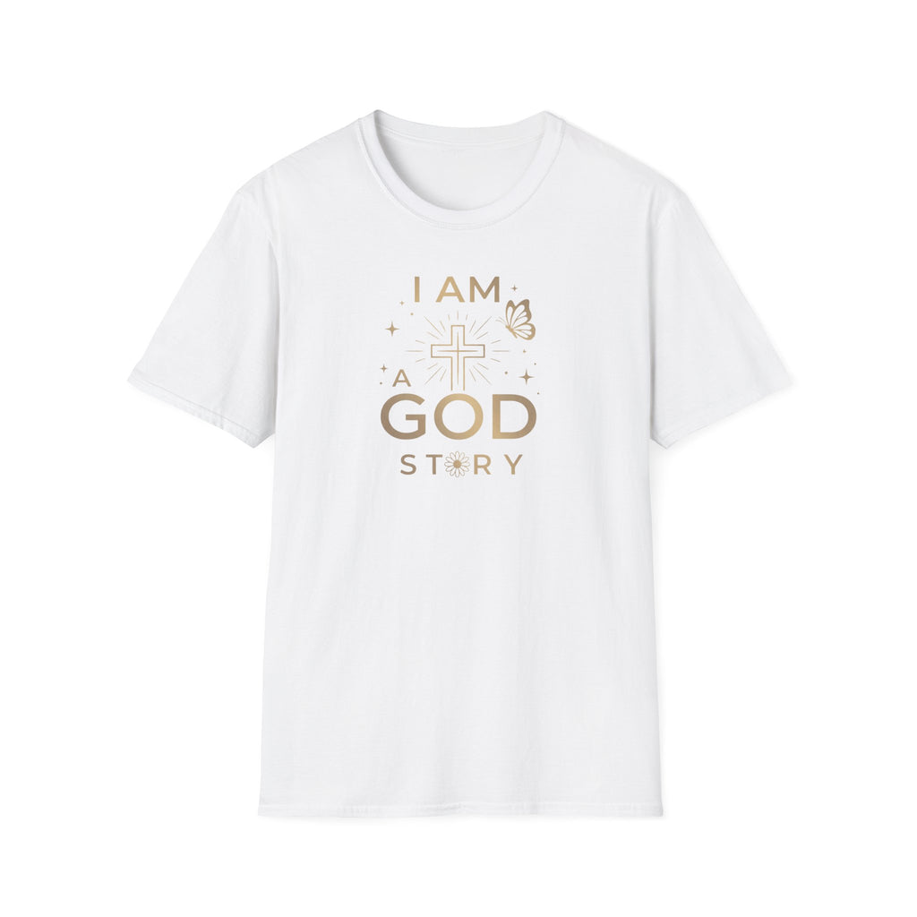 I Am a Godstory T-Shirt — Christian Faith Cross Tee (Butterfly & Inspirational Scripture Design)