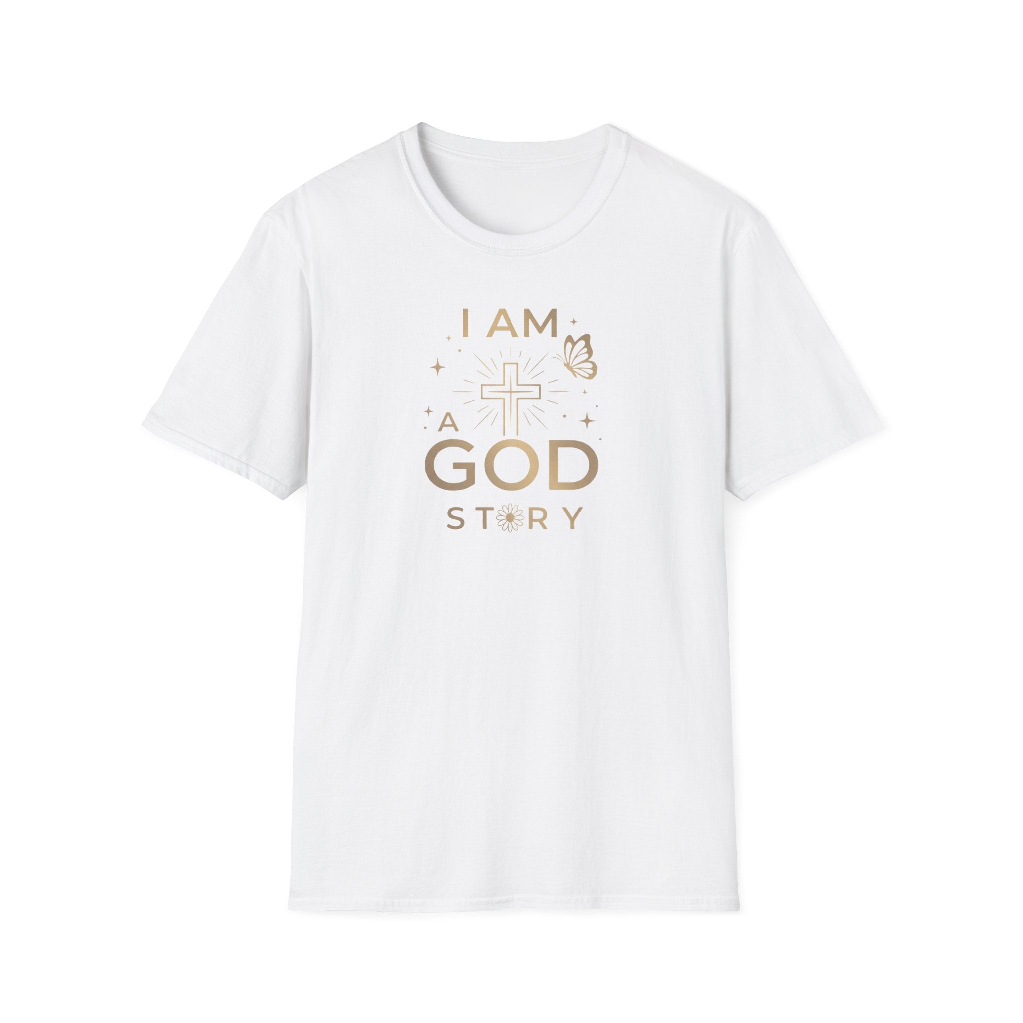 I Am a Godstory T-Shirt — Christian Faith Cross Tee (Butterfly & Inspirational Scripture Design)