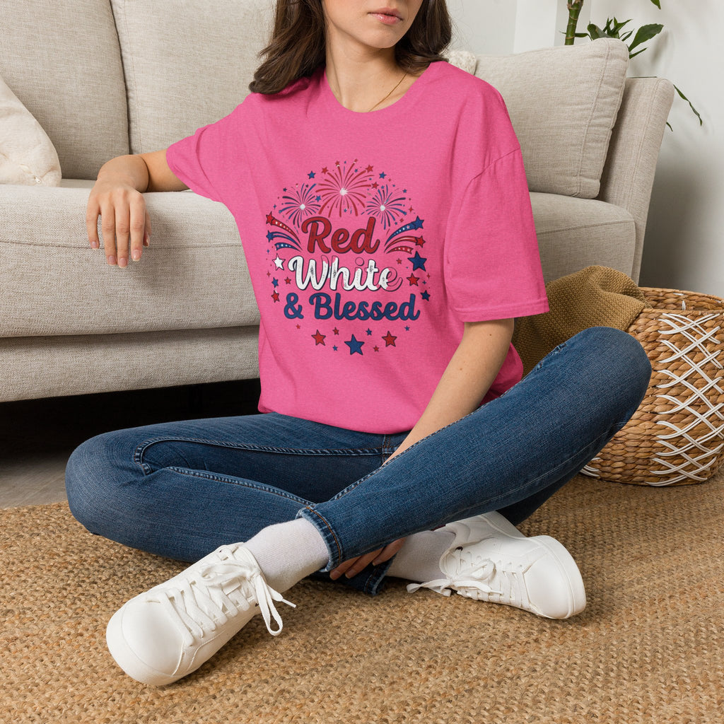 T-Shirt — "Red White & Blessed" Patriotic Fireworks Tee for 4th of July