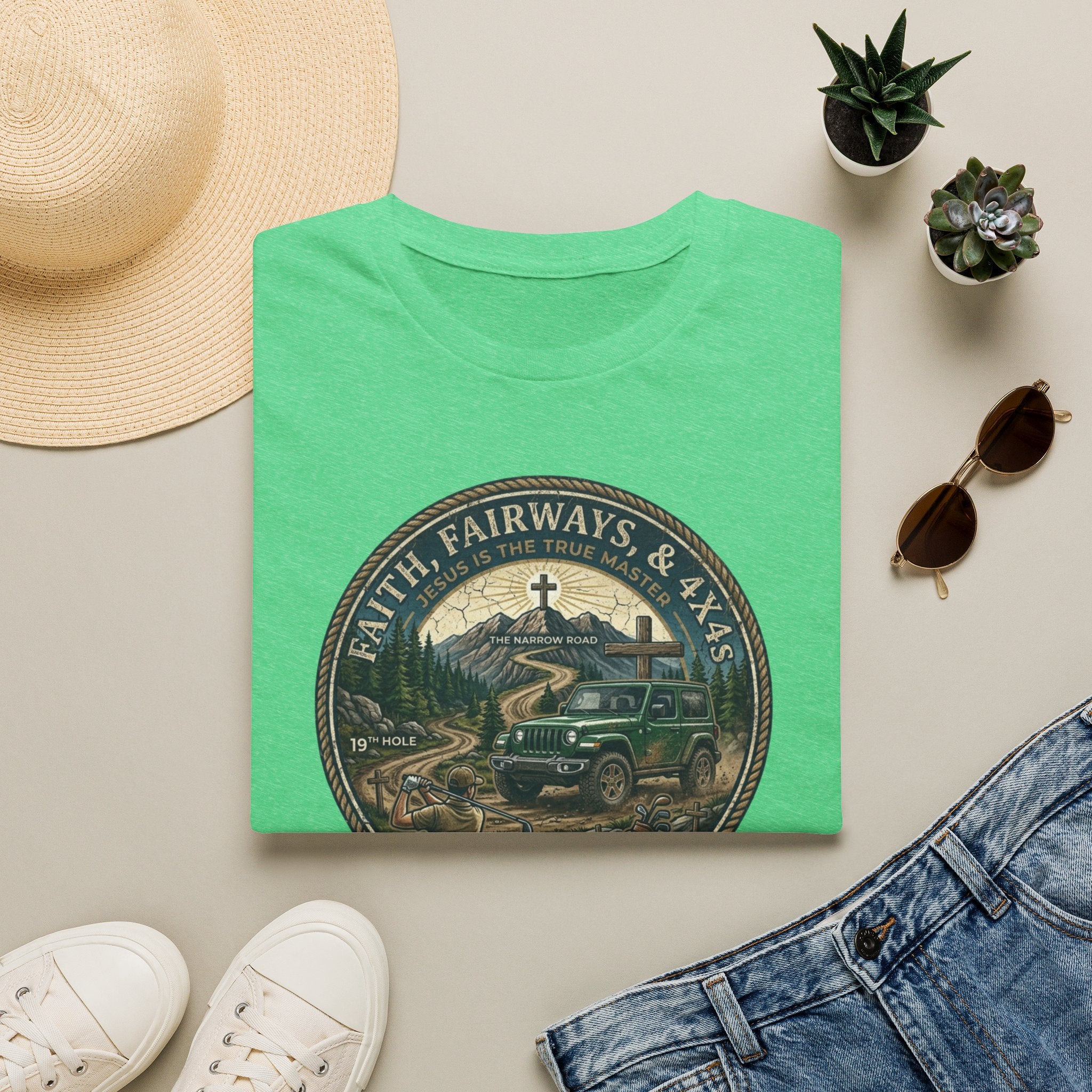 Faith, Fairways & 4x4s Graphic Tee — Outdoor Christian Adventure T-Shirt