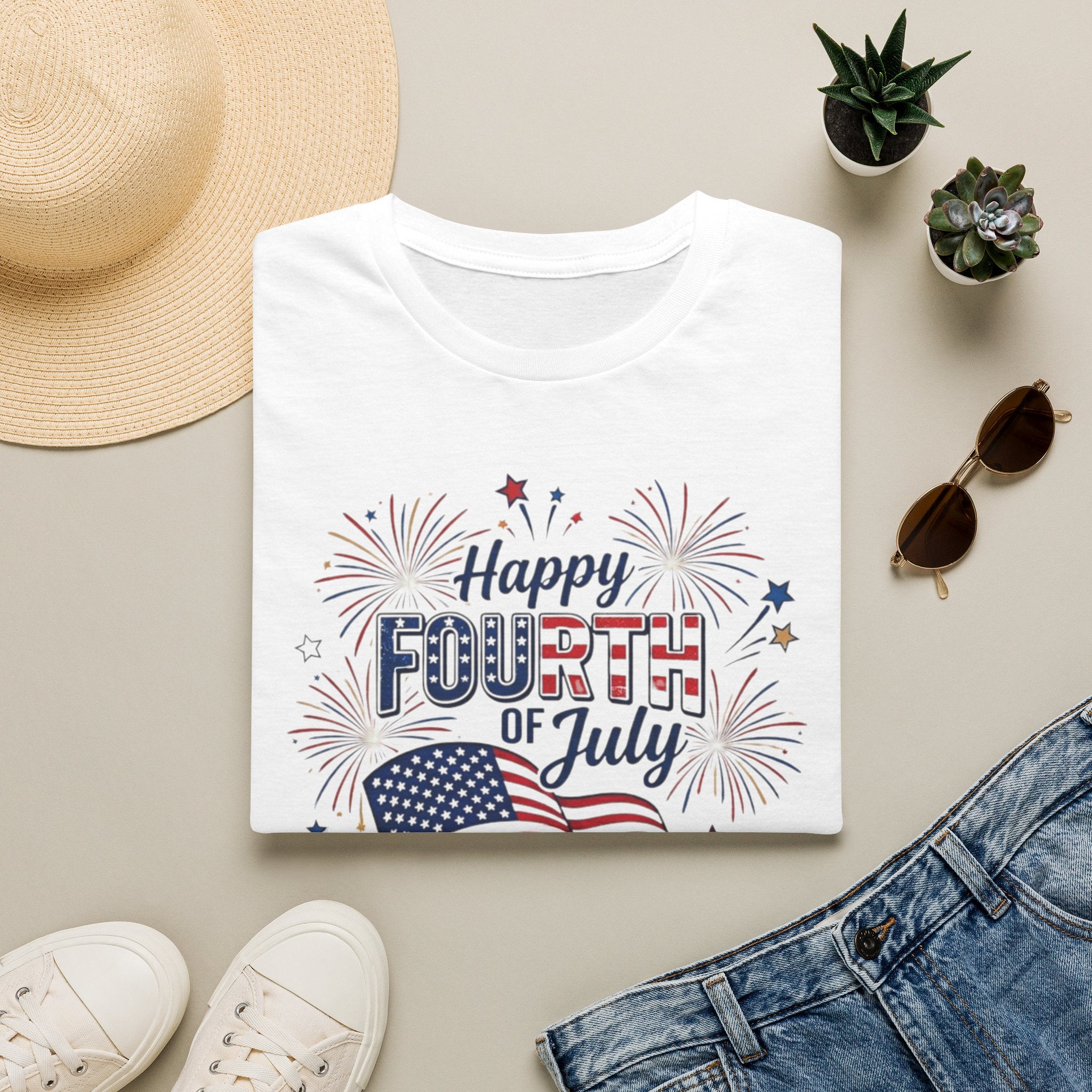 Fourth of July T-Shirt — "Happy Fourth of July" Patriotic Fireworks Flag Tee