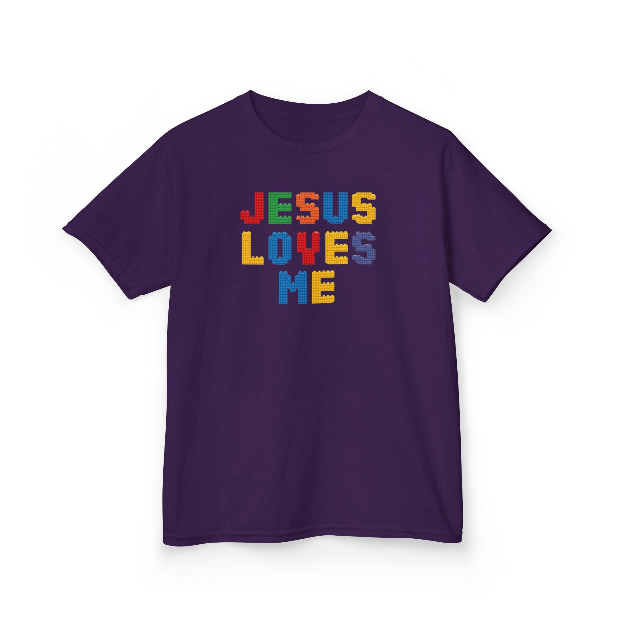 Kids T-Shirt — "Jesus Loves Me" Colorful Block Letter Tee