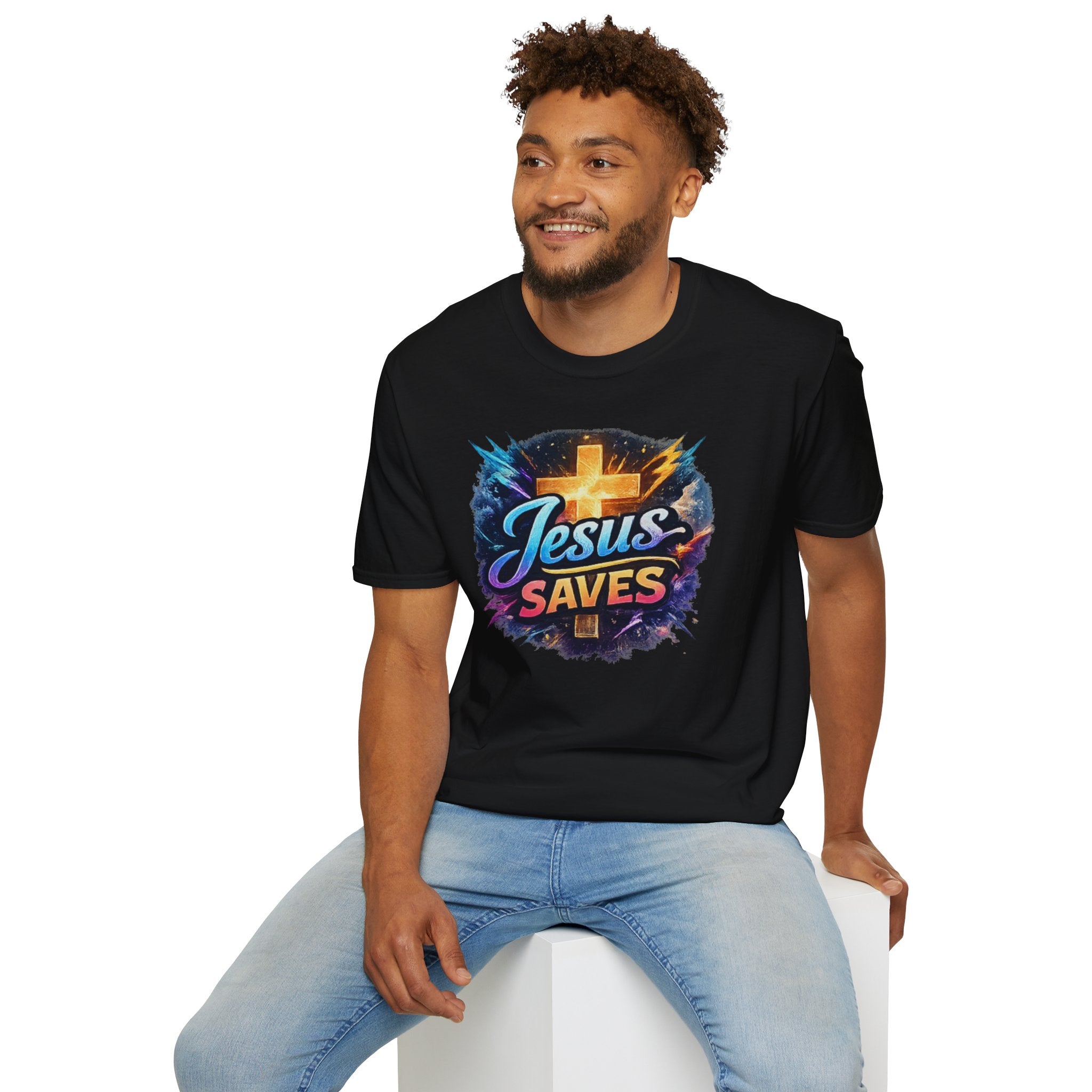 Jesus Saves T-Shirt — Colorful Cross Christian Faith Tee