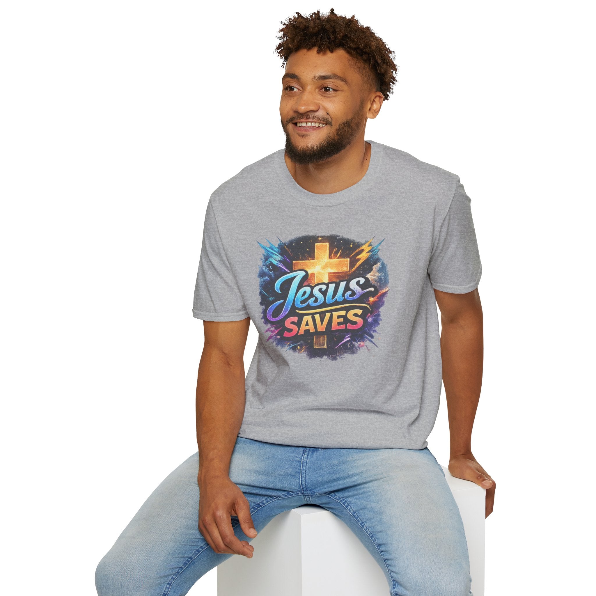 Jesus Saves T-Shirt — Colorful Cross Christian Faith Tee