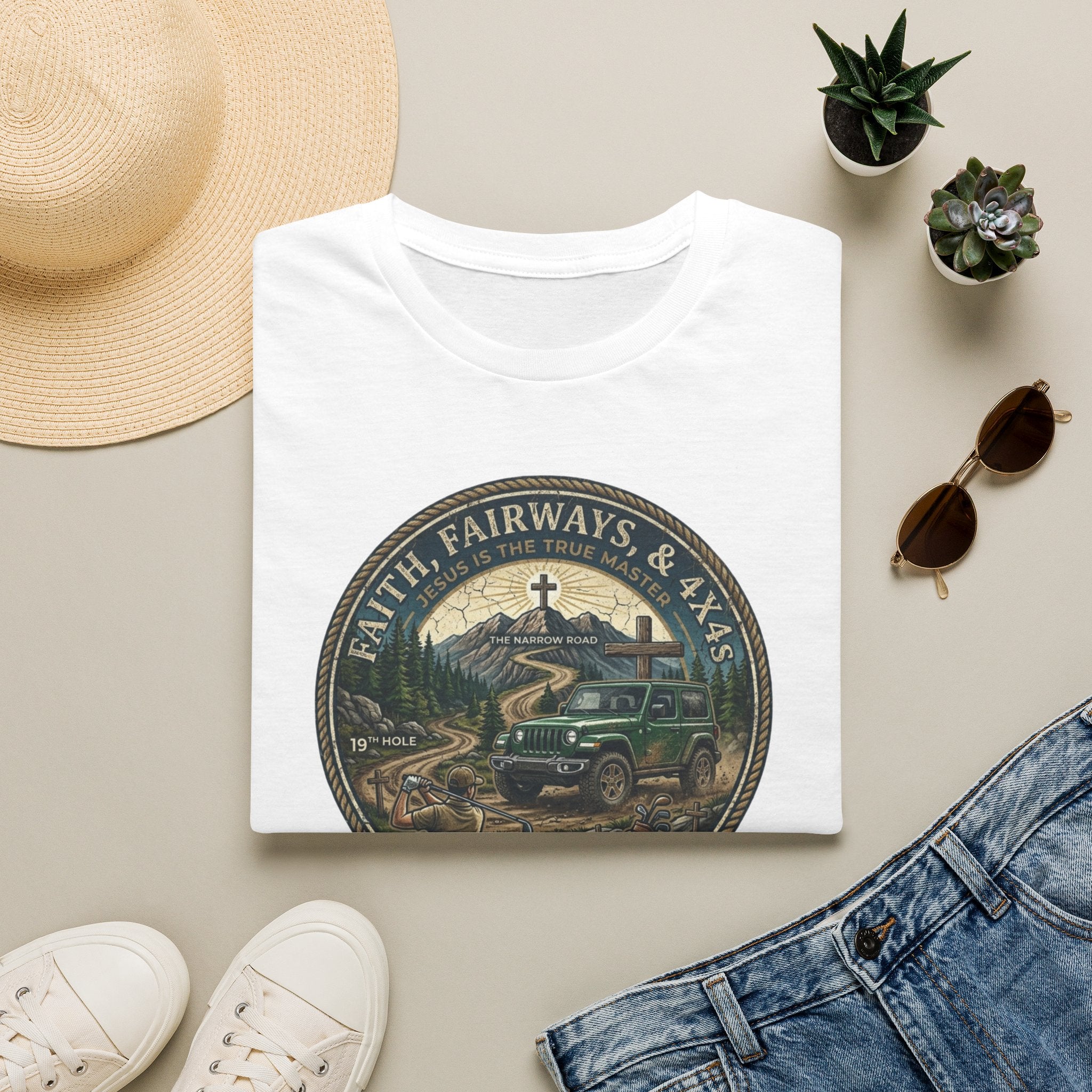 Faith, Fairways & 4x4s Graphic Tee — Outdoor Christian Adventure T-Shirt