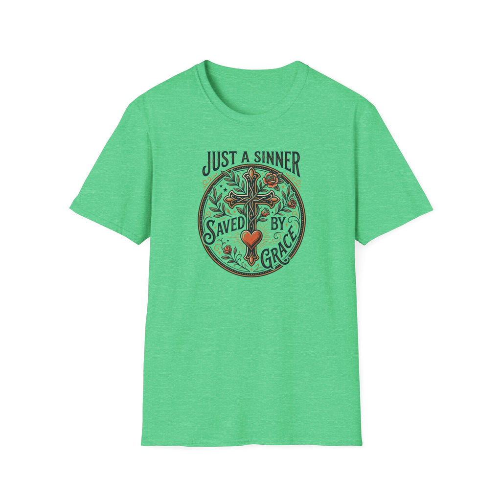 Christian Faith T-Shirt — "Just a Sinner, Saved by Grace" Cross Design