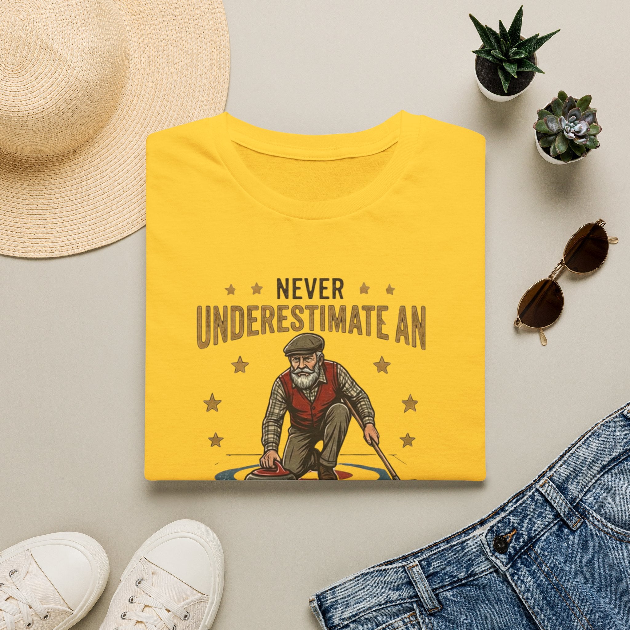 T‑Shirt — "Never Underestimate an Old Man with a Broom" Vintage Curling Design