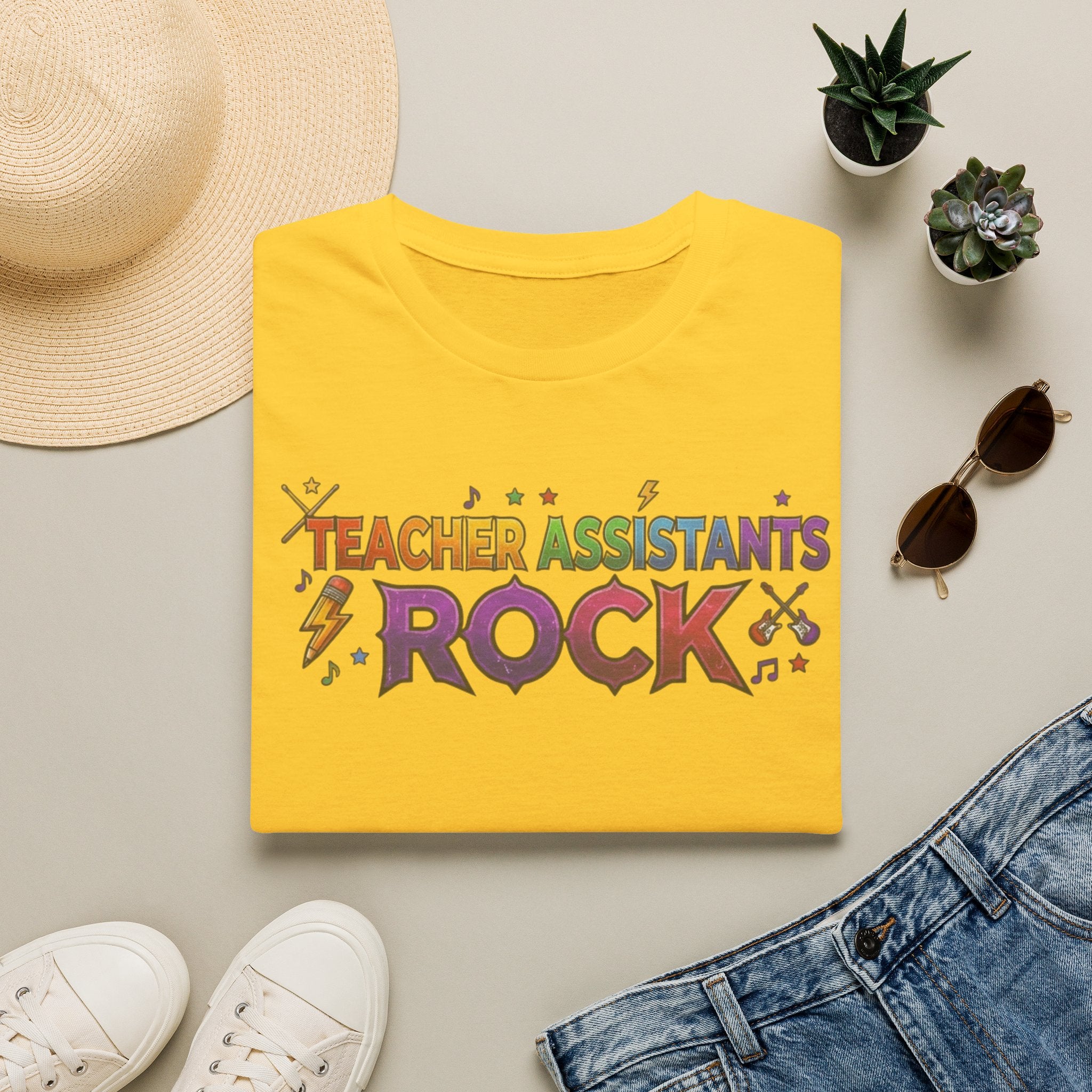 Teacher Assistants Rock T-Shirt — Colorful Retro School Support Staff Tee