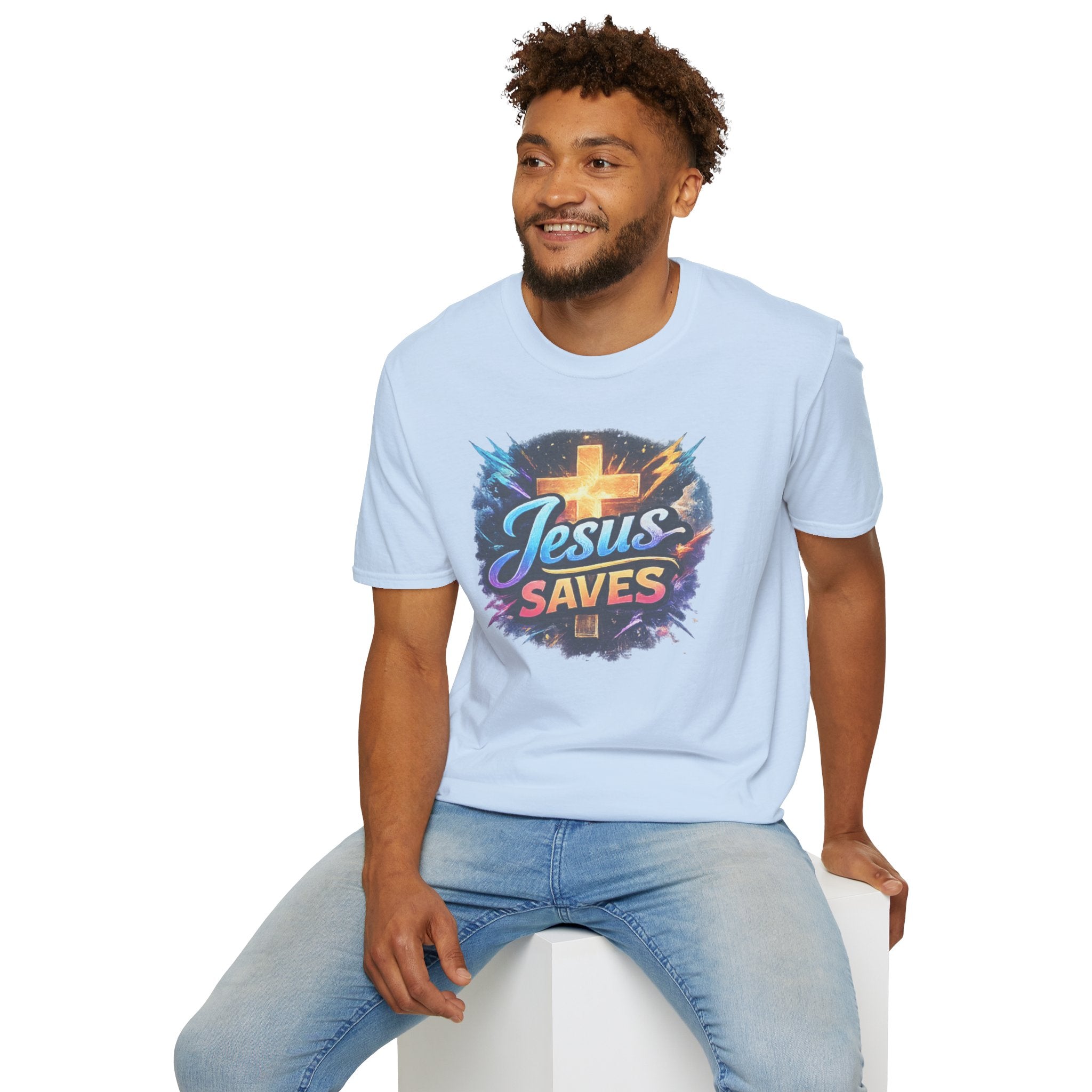 Jesus Saves T-Shirt — Colorful Cross Christian Faith Tee