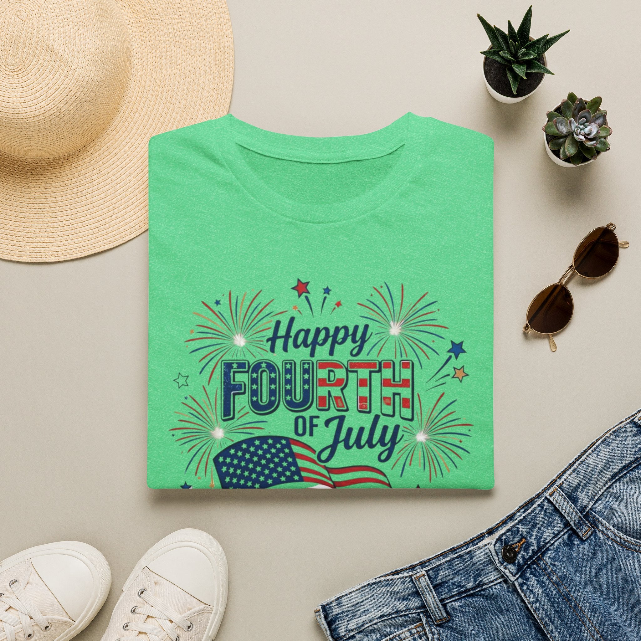 Fourth of July T-Shirt — "Happy Fourth of July" Patriotic Fireworks Flag Tee