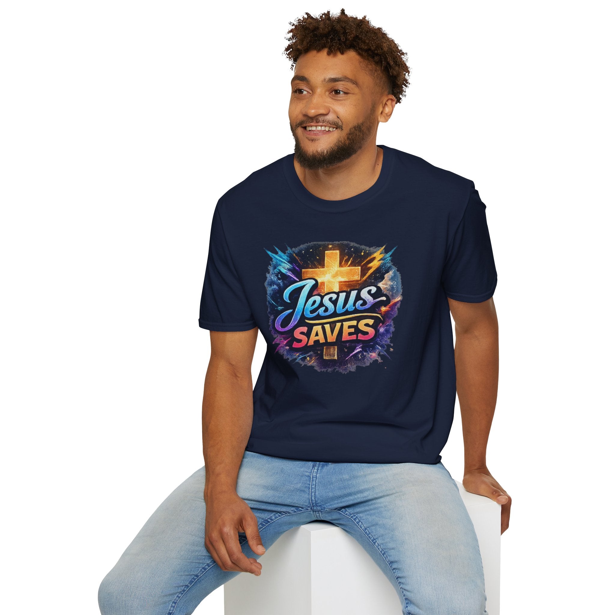 Jesus Saves T-Shirt — Colorful Cross Christian Faith Tee