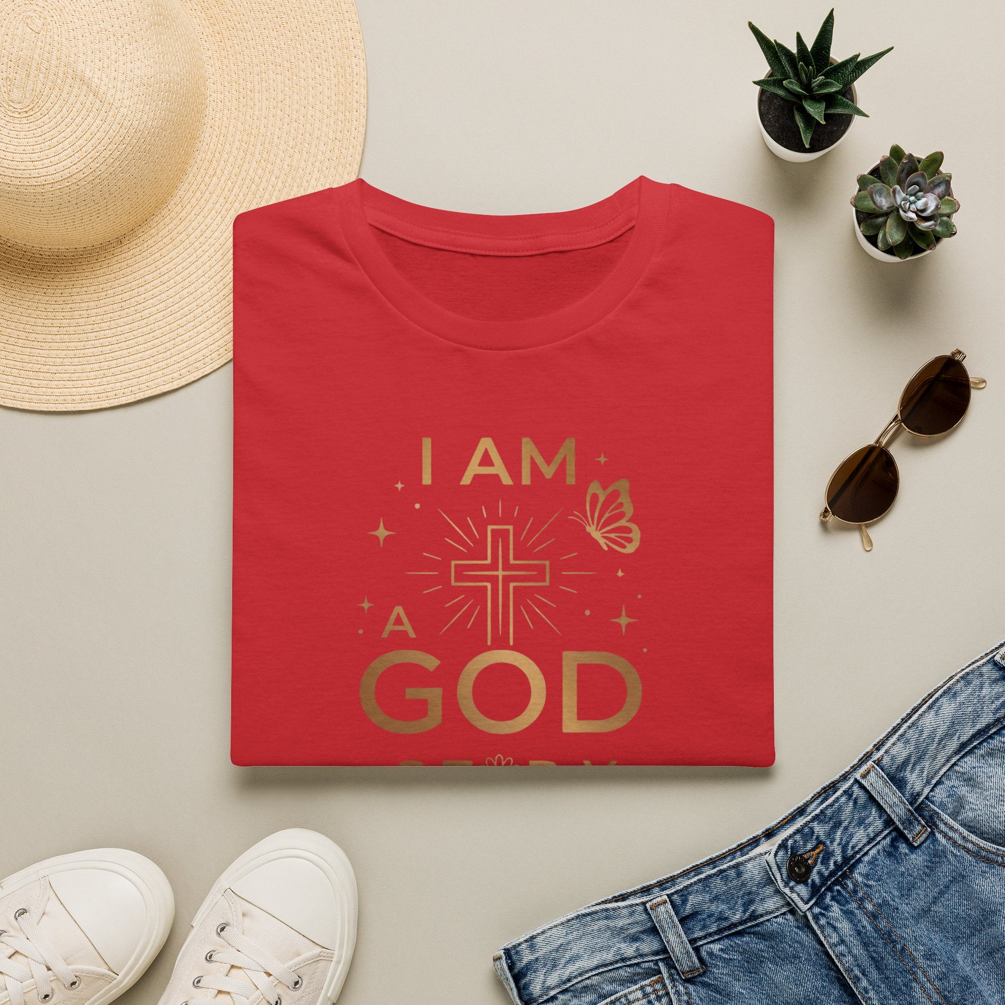 I Am a Godstory T-Shirt — Christian Faith Cross Tee (Butterfly & Inspirational Scripture Design)