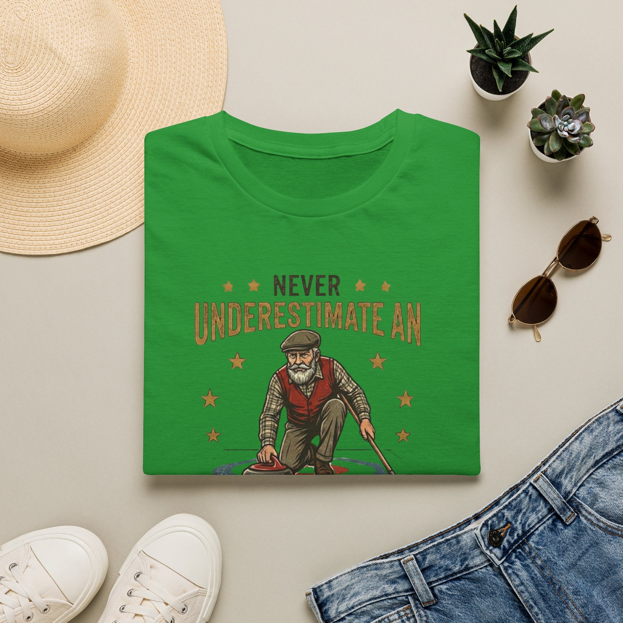 T‑Shirt — "Never Underestimate an Old Man with a Broom" Vintage Curling Design