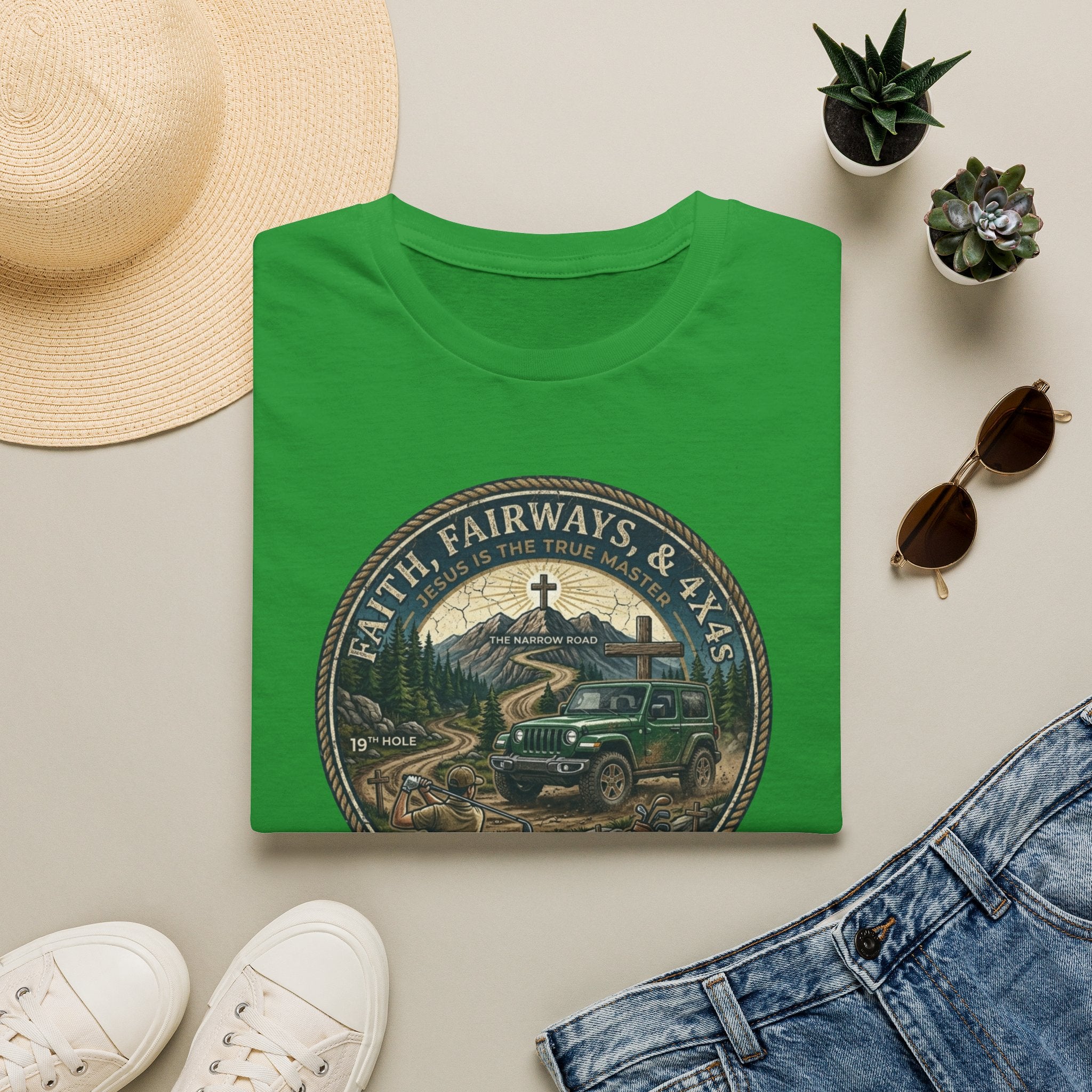 Faith, Fairways & 4x4s Graphic Tee — Outdoor Christian Adventure T-Shirt