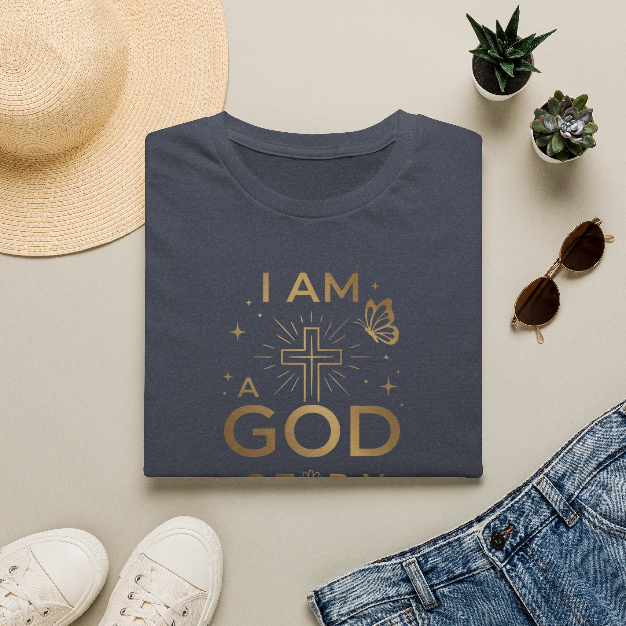 I Am a Godstory T-Shirt — Christian Faith Cross Tee (Butterfly & Inspirational Scripture Design)