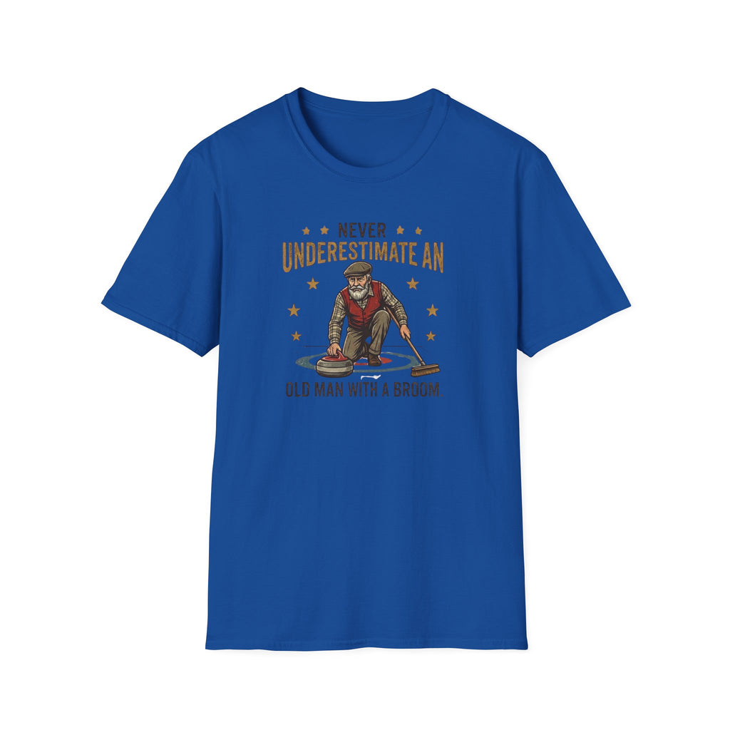 T‑Shirt — "Never Underestimate an Old Man with a Broom" Vintage Curling Design