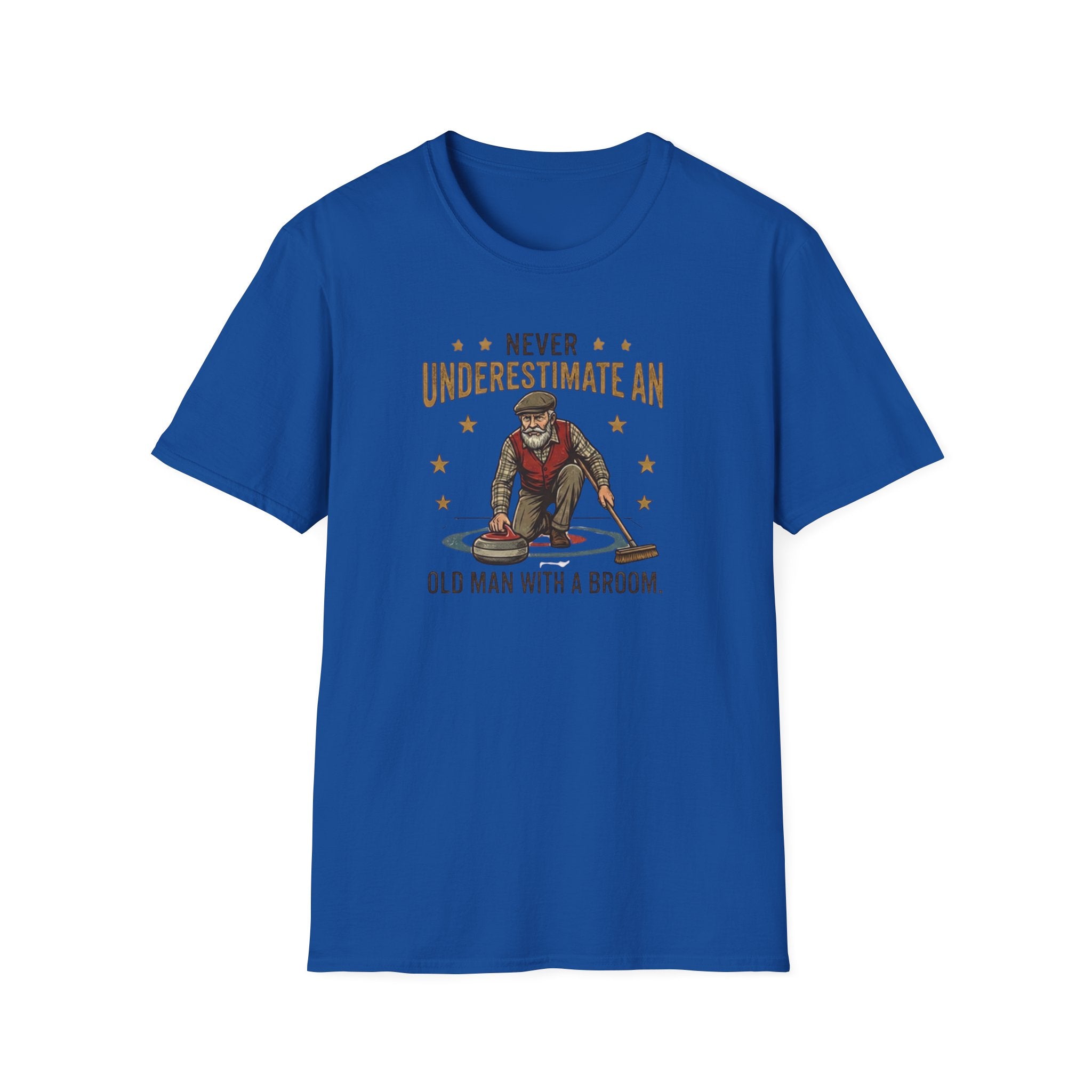 T‑Shirt — "Never Underestimate an Old Man with a Broom" Vintage Curling Design