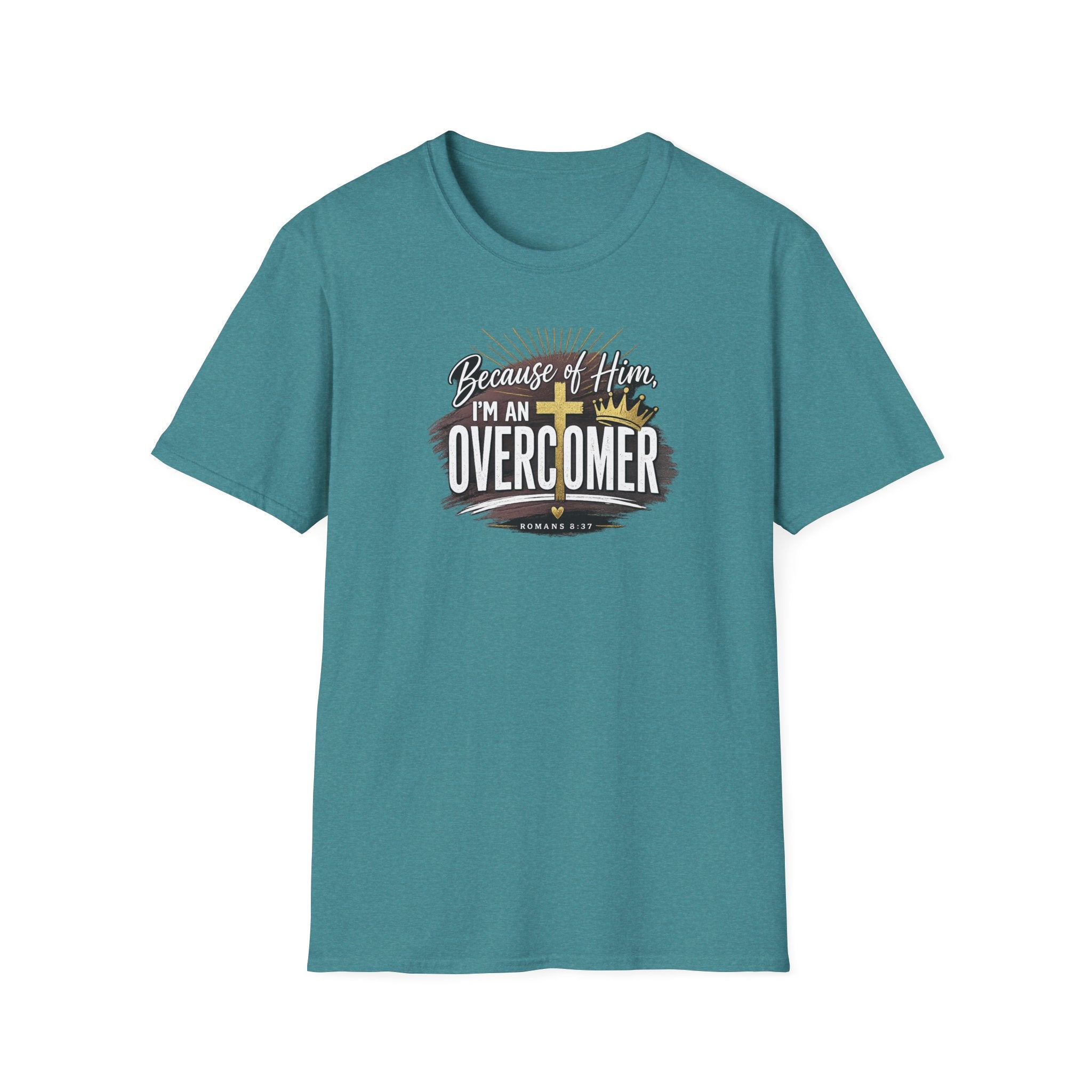 Because of Him I’m an Overcomer T-Shirt — Christian Inspirational Faith Tee