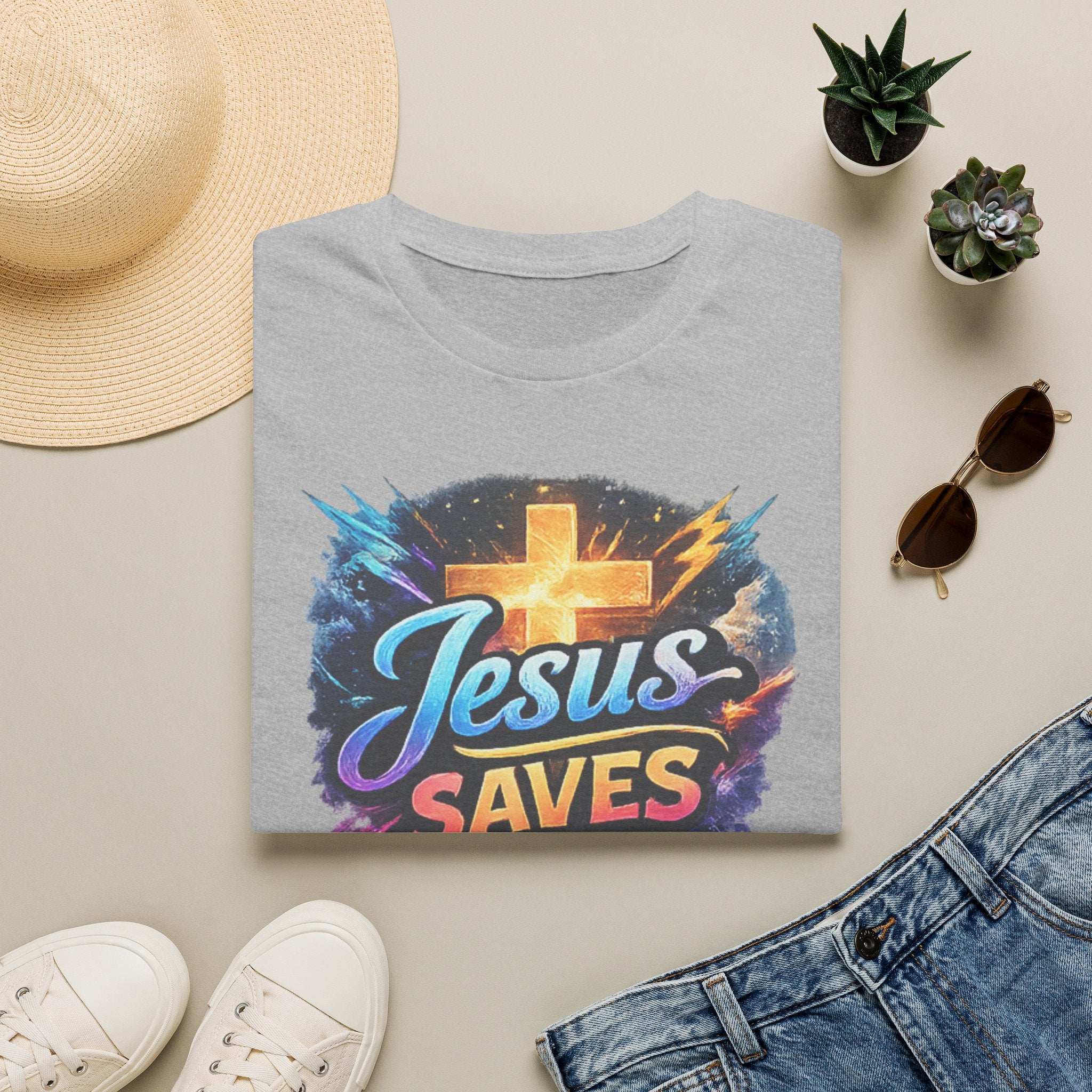 Jesus Saves T-Shirt — Colorful Cross Christian Faith Tee