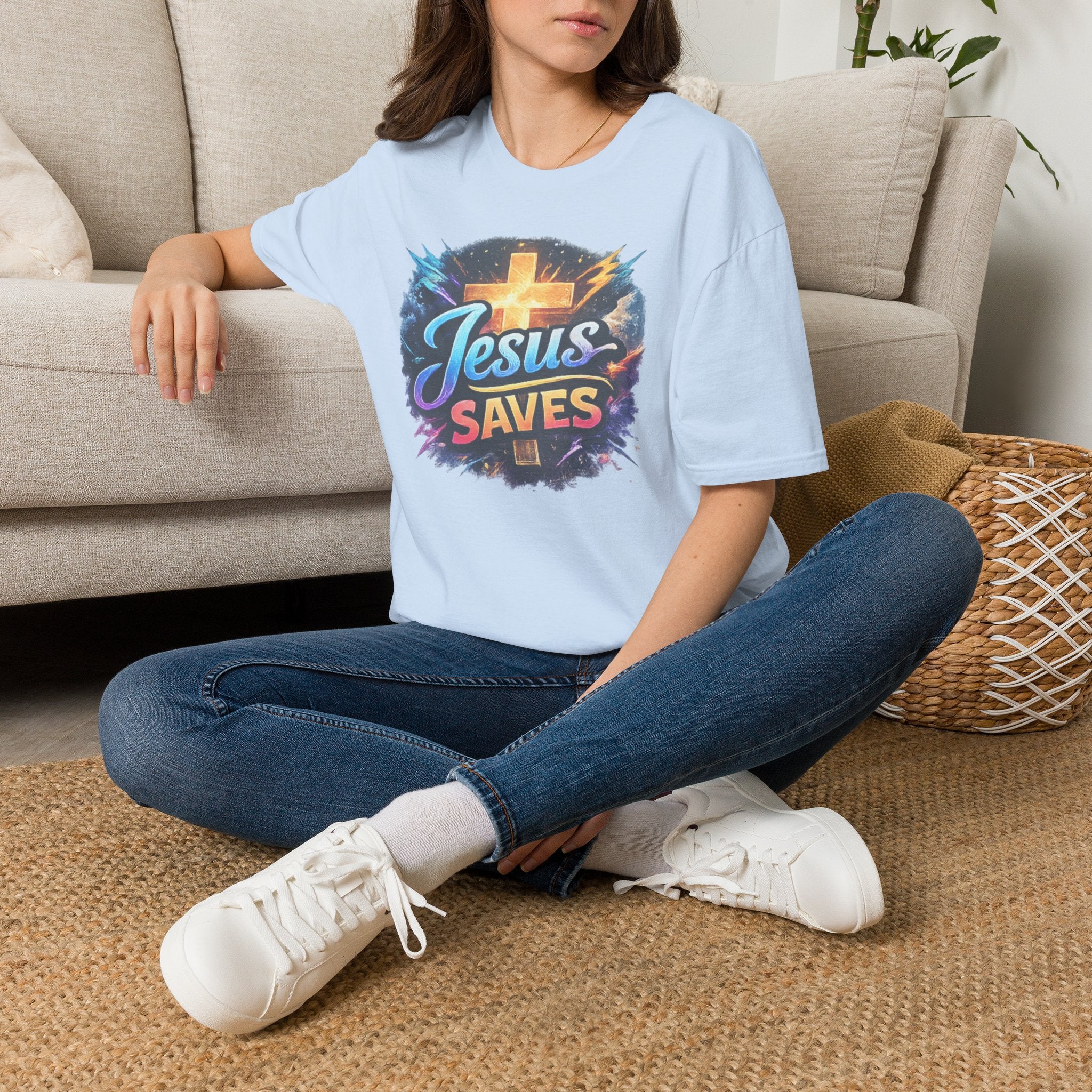 Jesus Saves T-Shirt — Colorful Cross Christian Faith Tee
