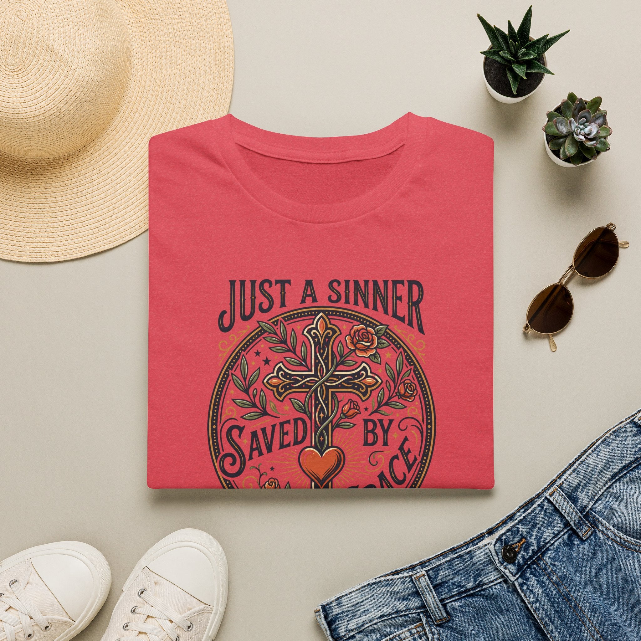 Christian Faith T-Shirt — "Just a Sinner, Saved by Grace" Cross Design
