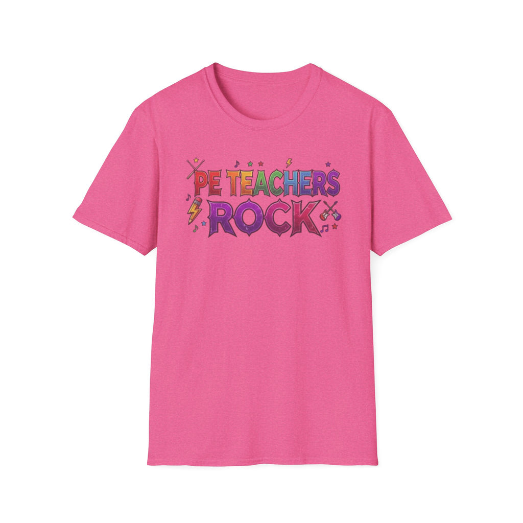 PE Teachers Rock T-Shirt — Colorful Retro Music Graphic Tee for Elementary & Special Ed Educators