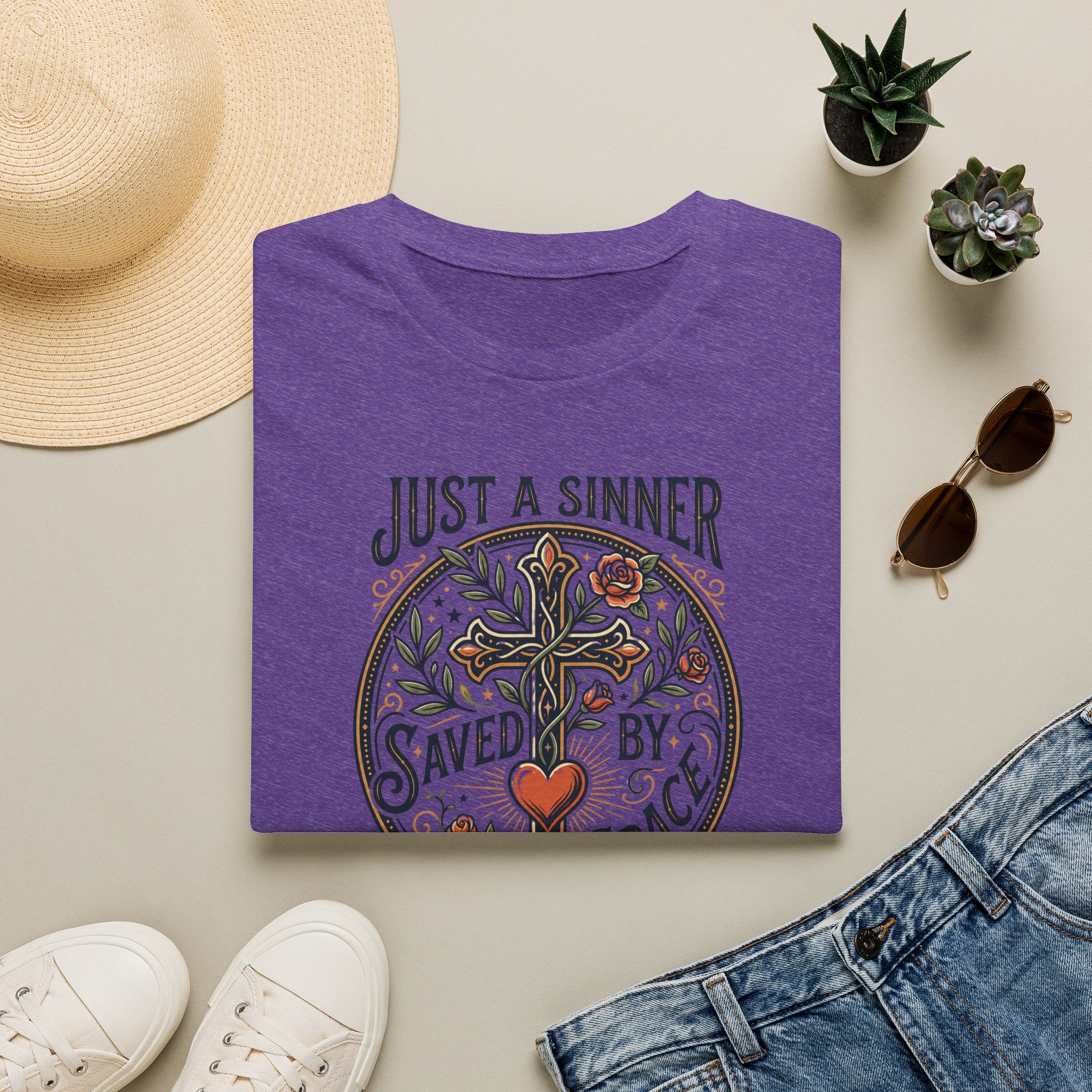 Christian Faith T-Shirt — "Just a Sinner, Saved by Grace" Cross Design