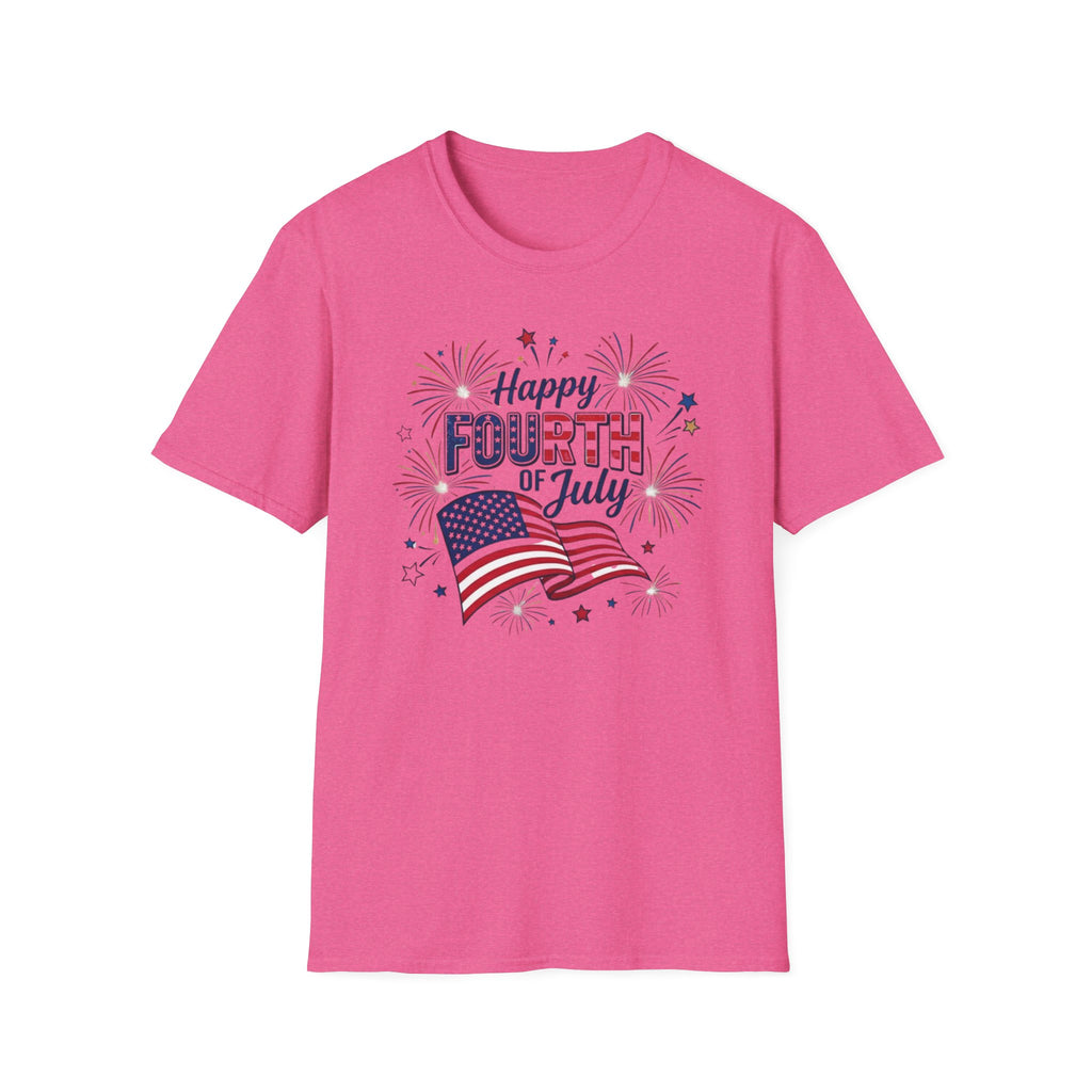 Fourth of July T-Shirt — "Happy Fourth of July" Patriotic Fireworks Flag Tee