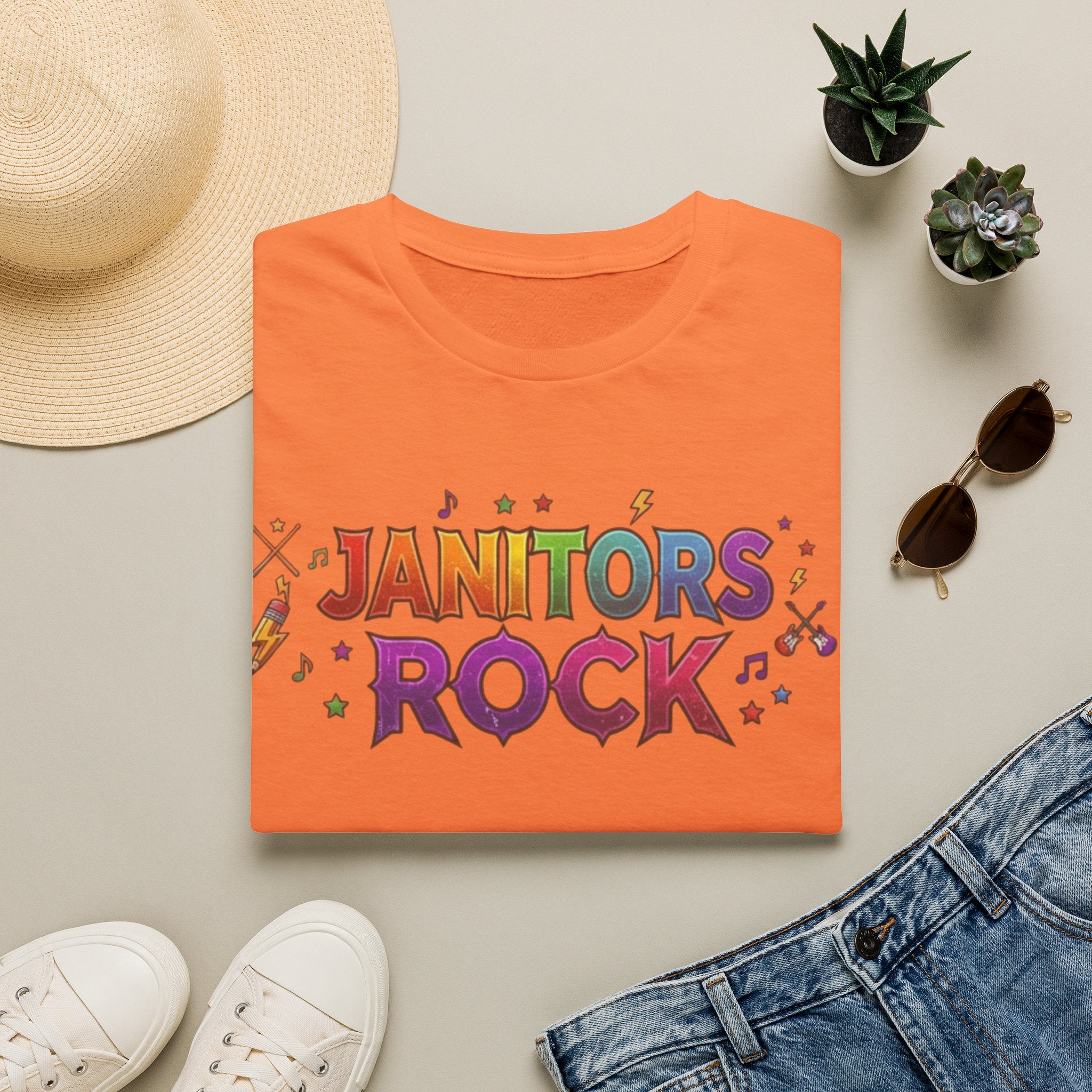 Janitors Rock T-Shirt — Colorful Retro Crew Neck for School Staff & Custodians