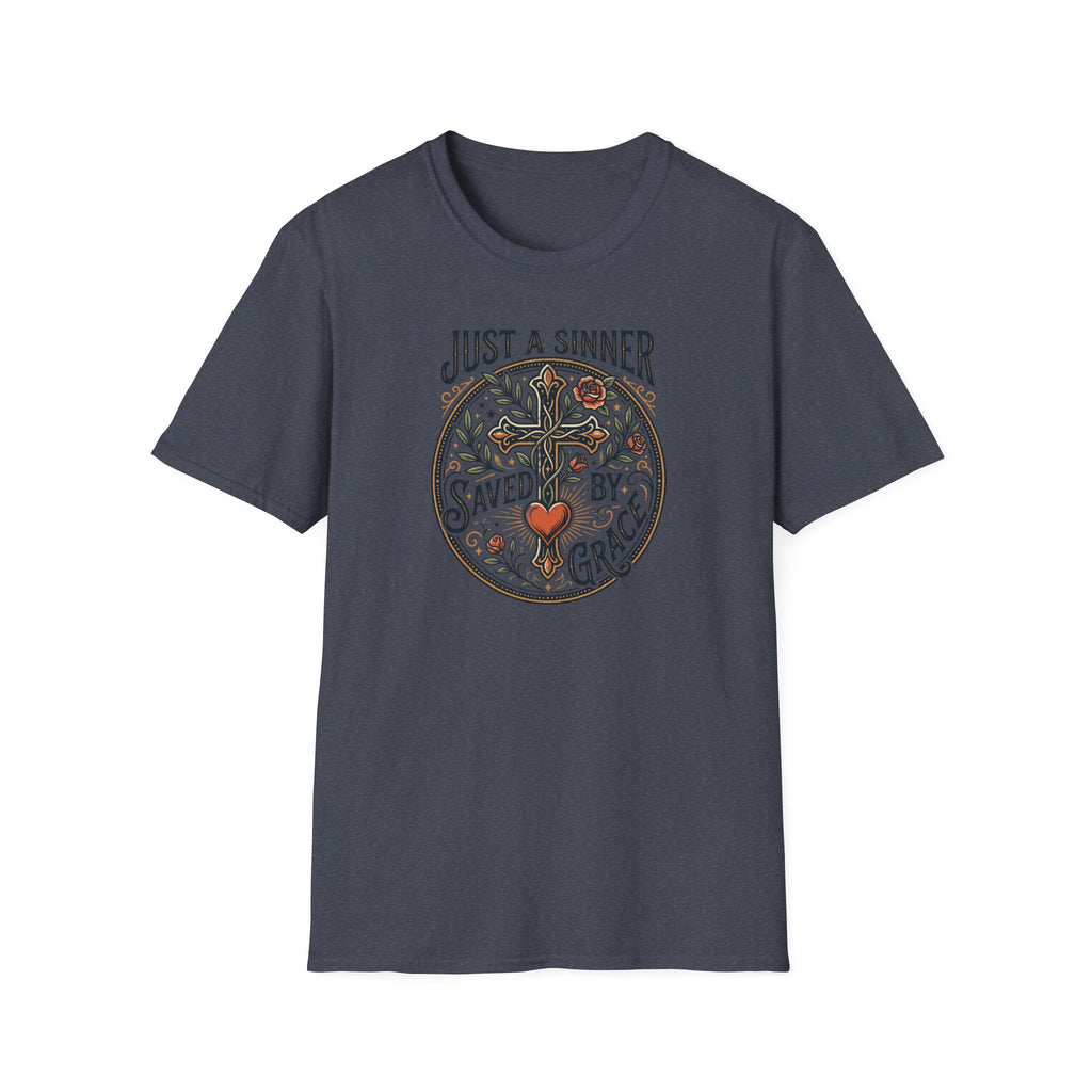 Christian Faith T-Shirt — "Just a Sinner, Saved by Grace" Cross Design