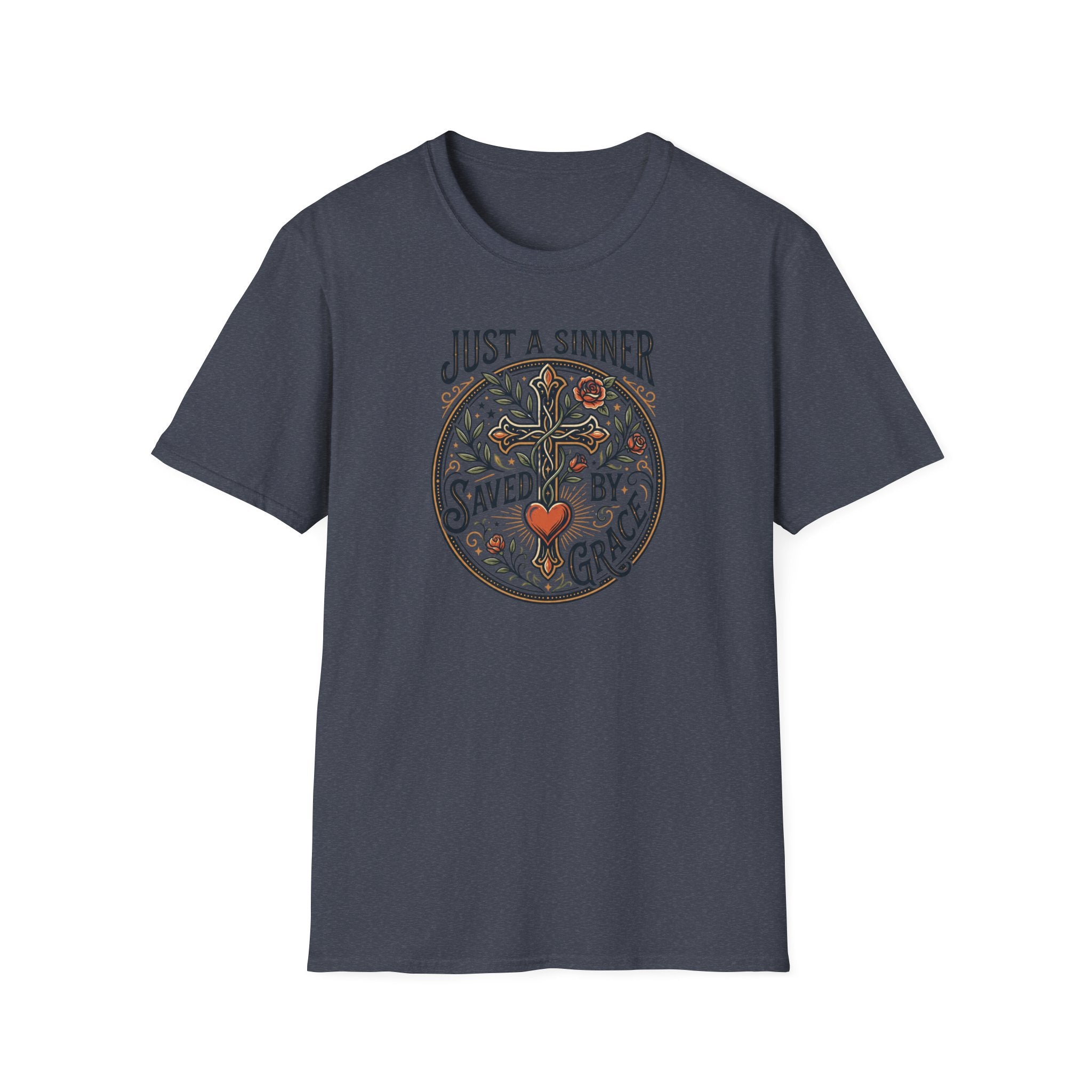 Christian Faith T-Shirt — "Just a Sinner, Saved by Grace" Cross Design