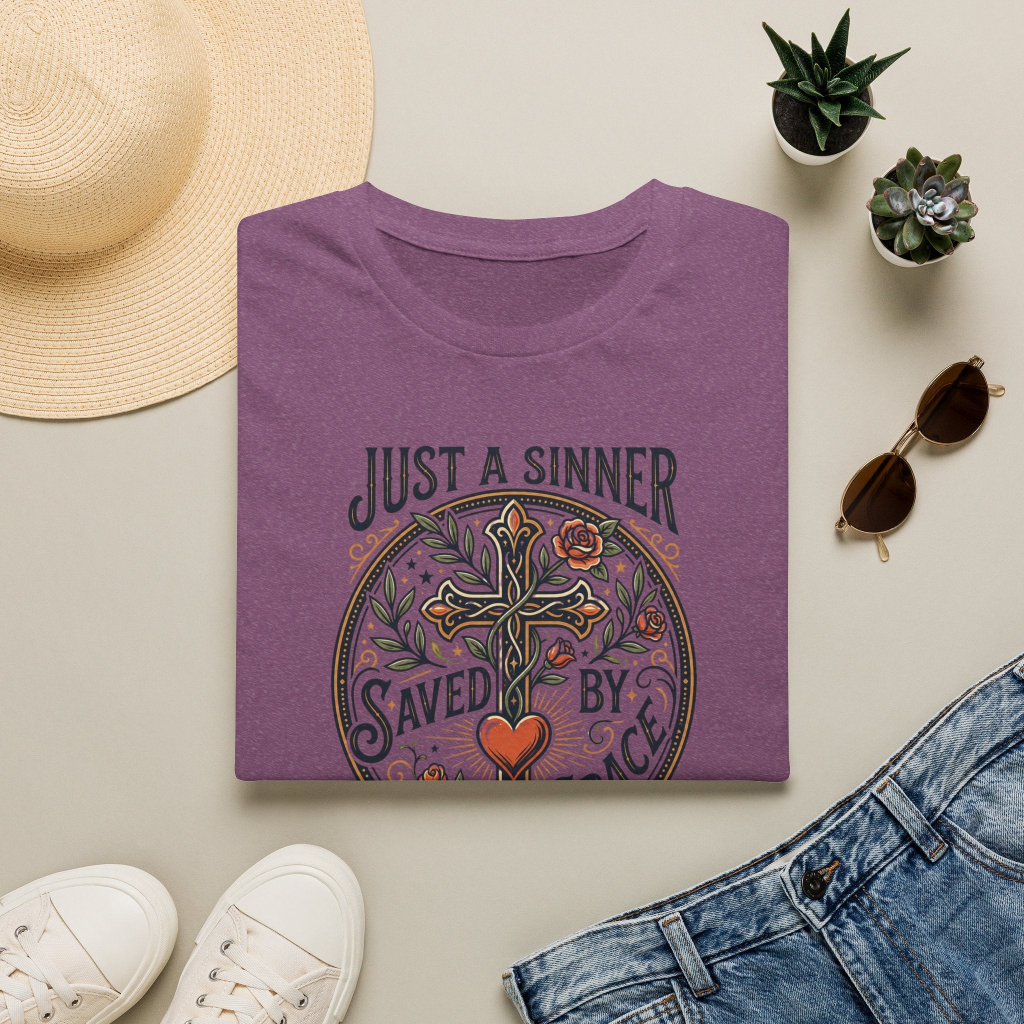 Christian Faith T-Shirt — "Just a Sinner, Saved by Grace" Cross Design