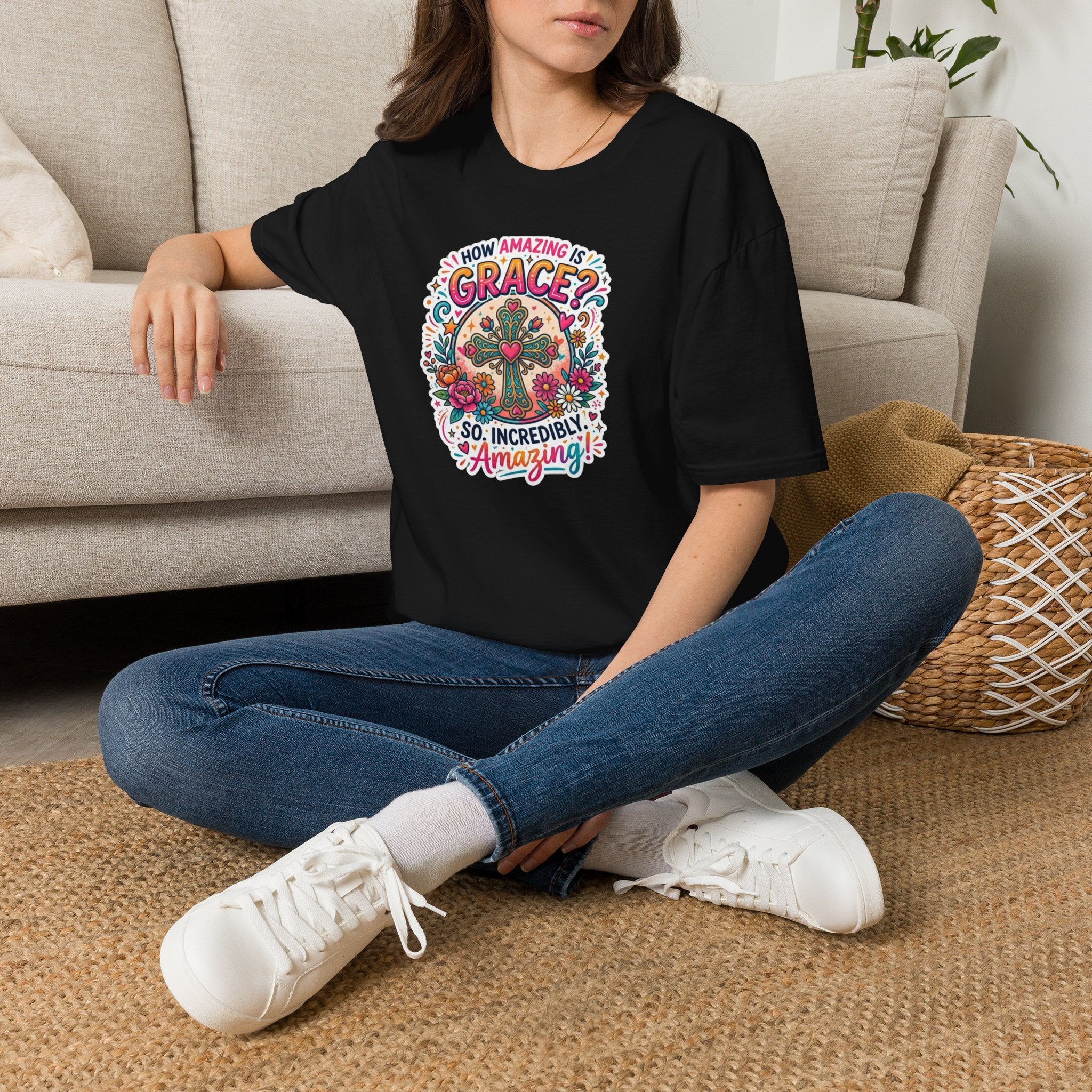How Amazing Is Grace? Floral Cross T-Shirt — Inspirational Christian Tee