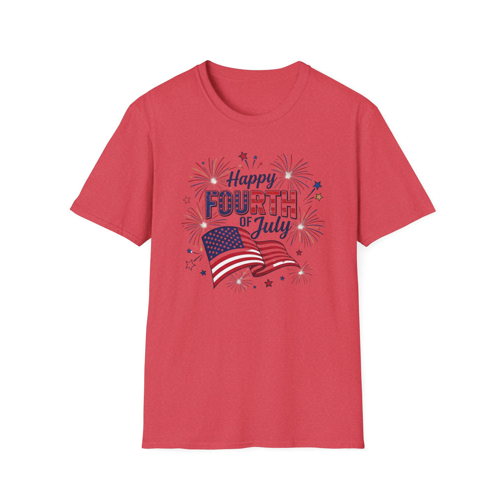 Fourth of July T-Shirt — "Happy Fourth of July" Patriotic Fireworks Flag Tee