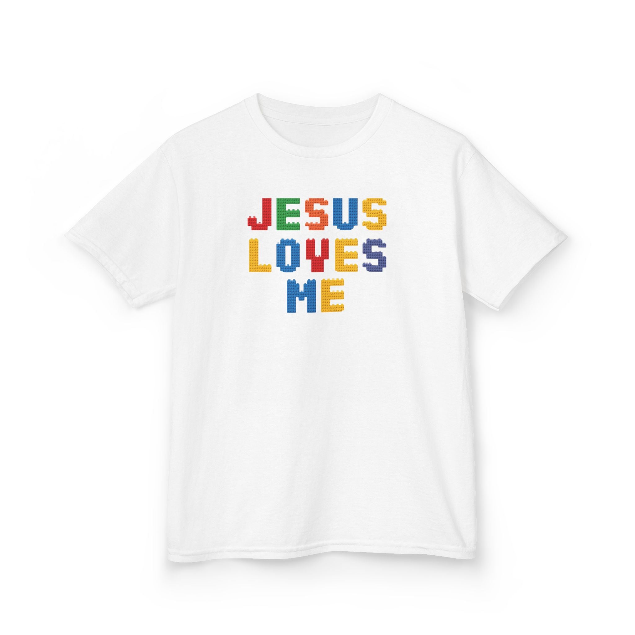 Kids T-Shirt — "Jesus Loves Me" Colorful Block Letter Tee