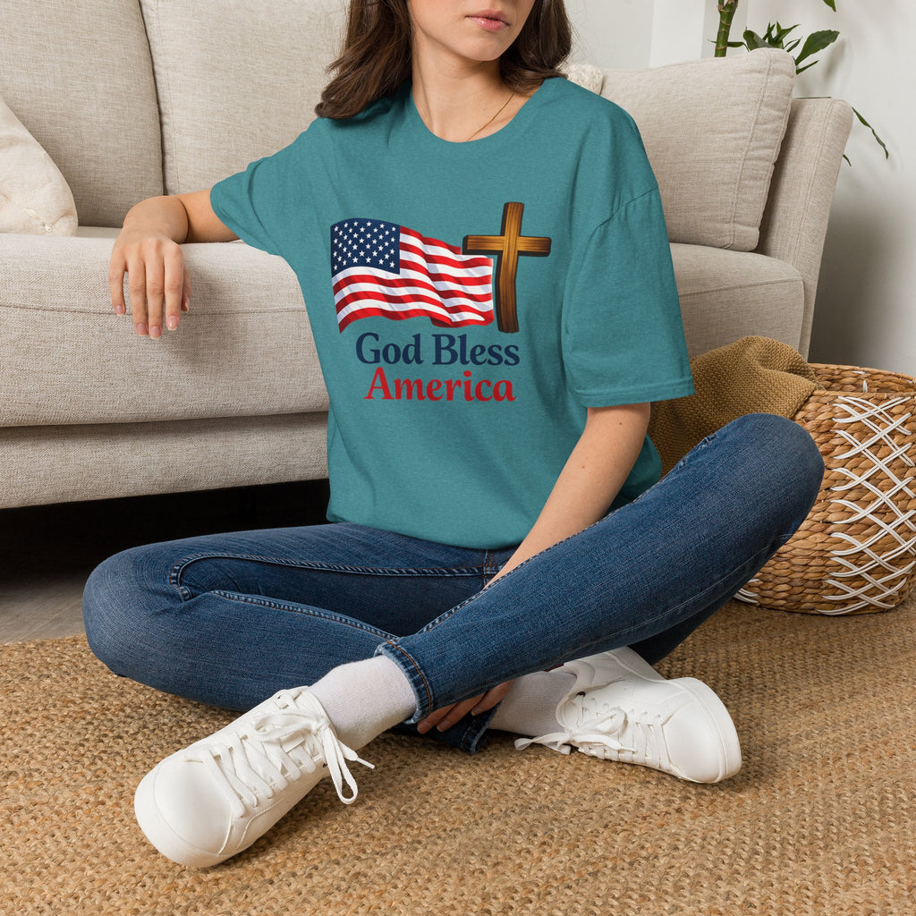 God Bless America T-Shirt — American Flag & Cross Patriotic Faith Tee