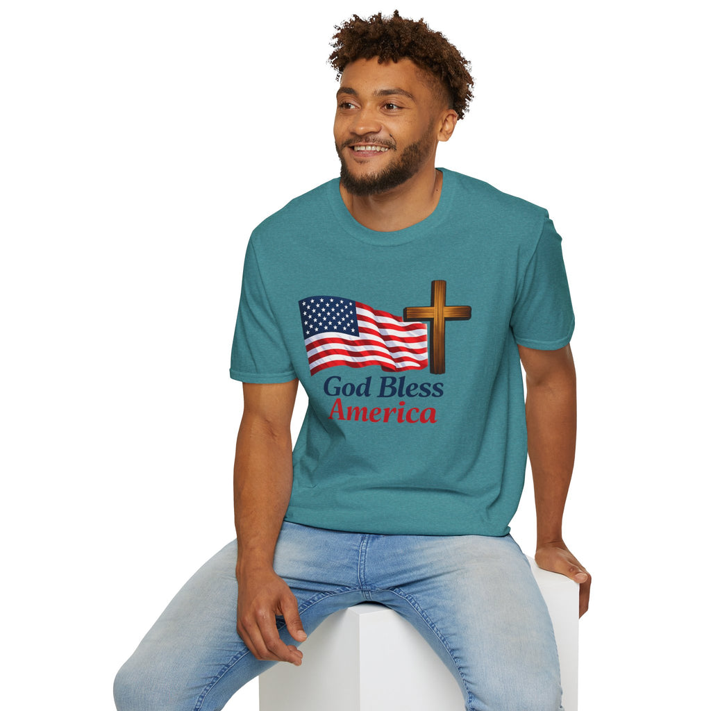 God Bless America T-Shirt — American Flag & Cross Patriotic Faith Tee