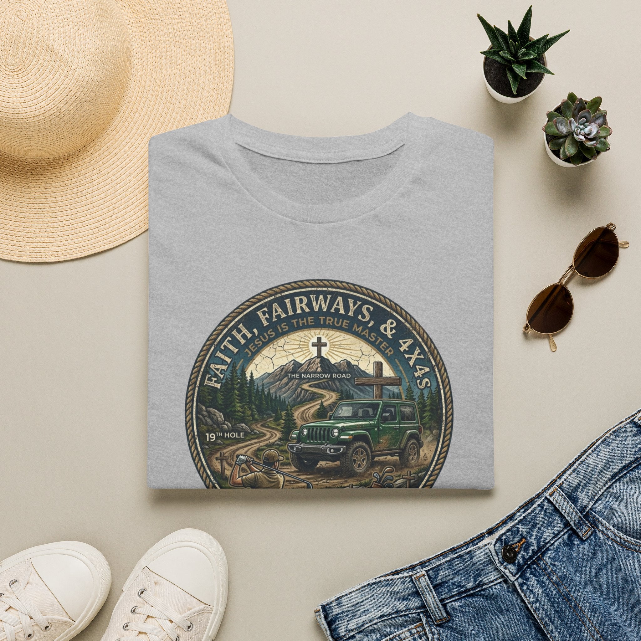 Faith, Fairways & 4x4s Graphic Tee — Outdoor Christian Adventure T-Shirt