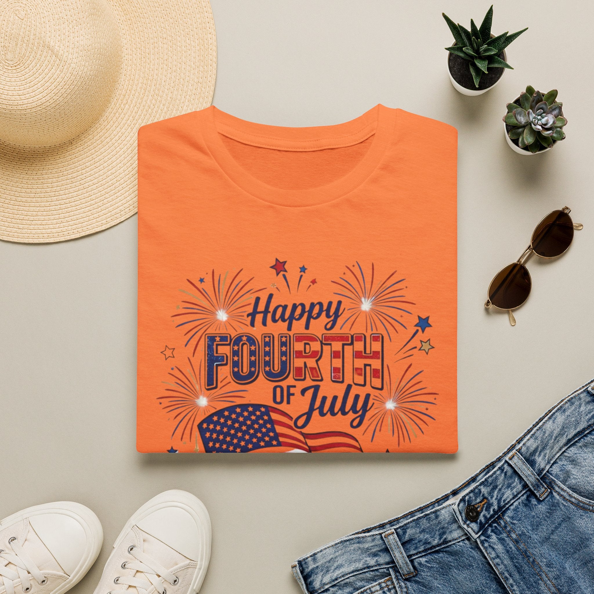 Fourth of July T-Shirt — "Happy Fourth of July" Patriotic Fireworks Flag Tee