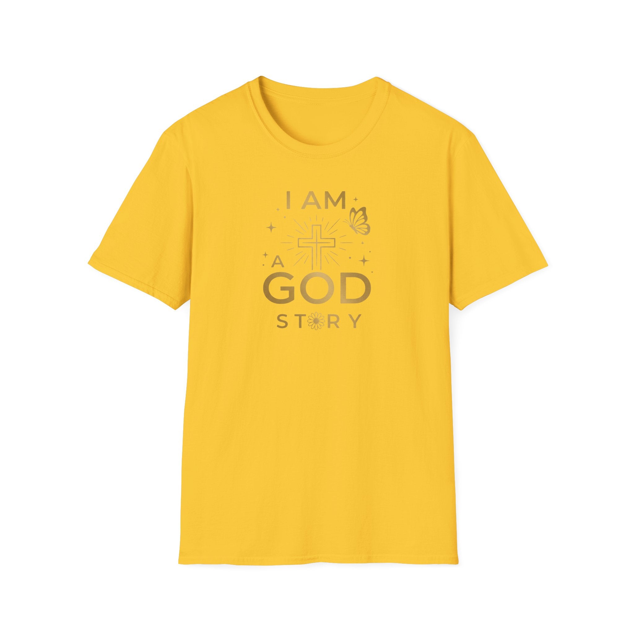 I Am a Godstory T-Shirt — Christian Faith Cross Tee (Butterfly & Inspirational Scripture Design)