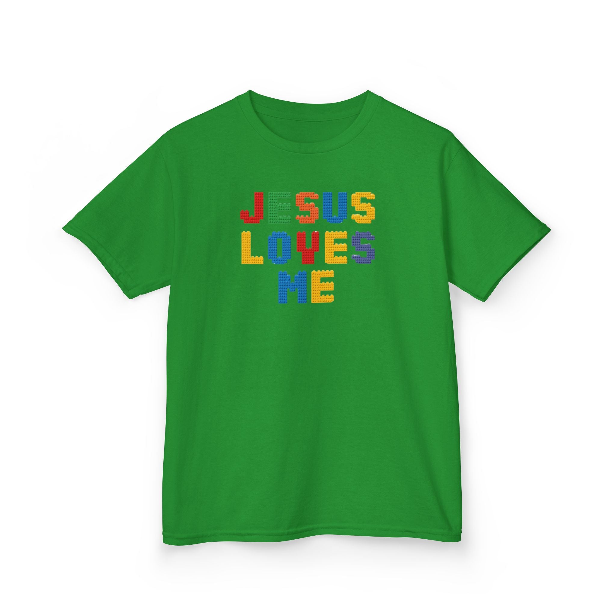 Kids T-Shirt — "Jesus Loves Me" Colorful Block Letter Tee