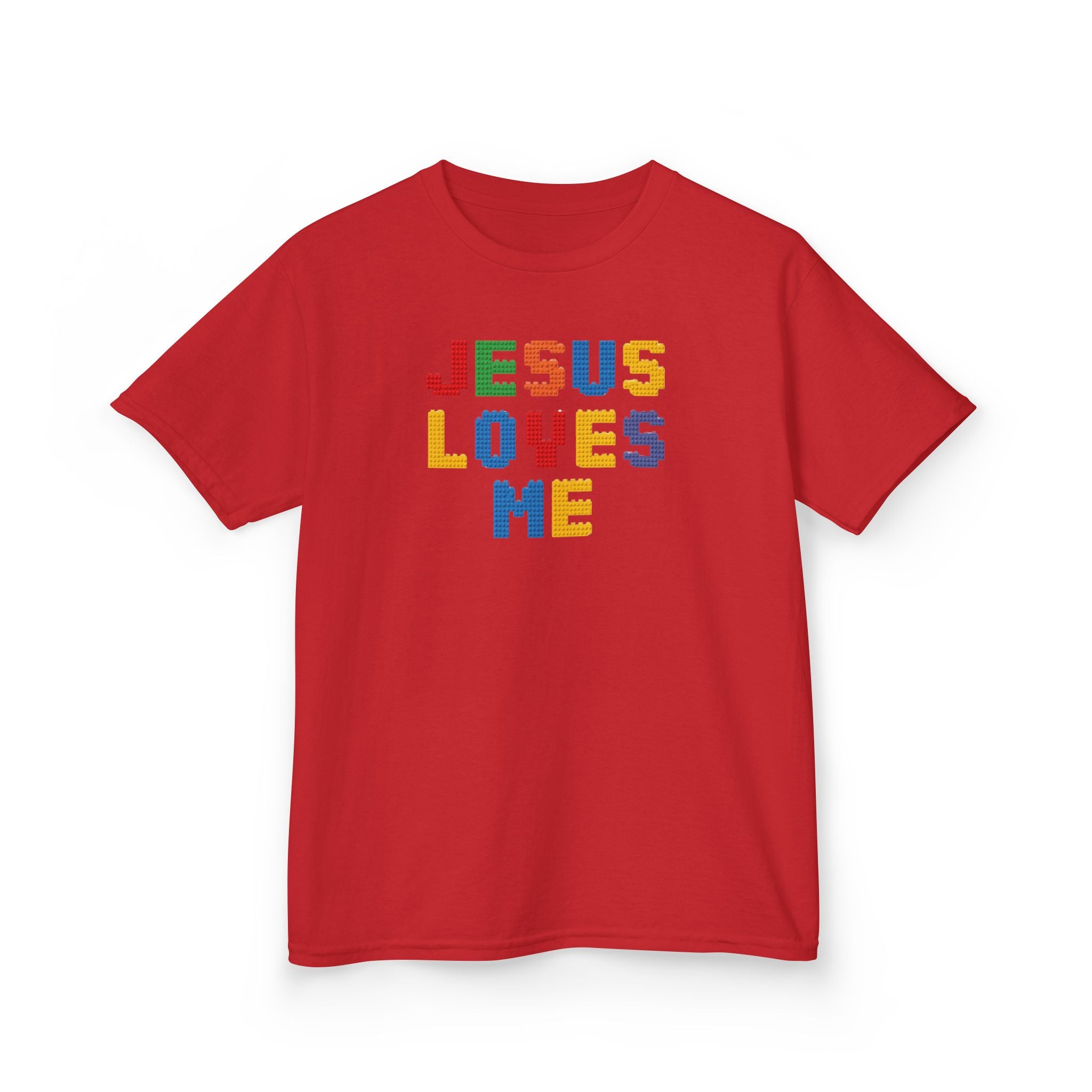 Kids T-Shirt — "Jesus Loves Me" Colorful Block Letter Tee