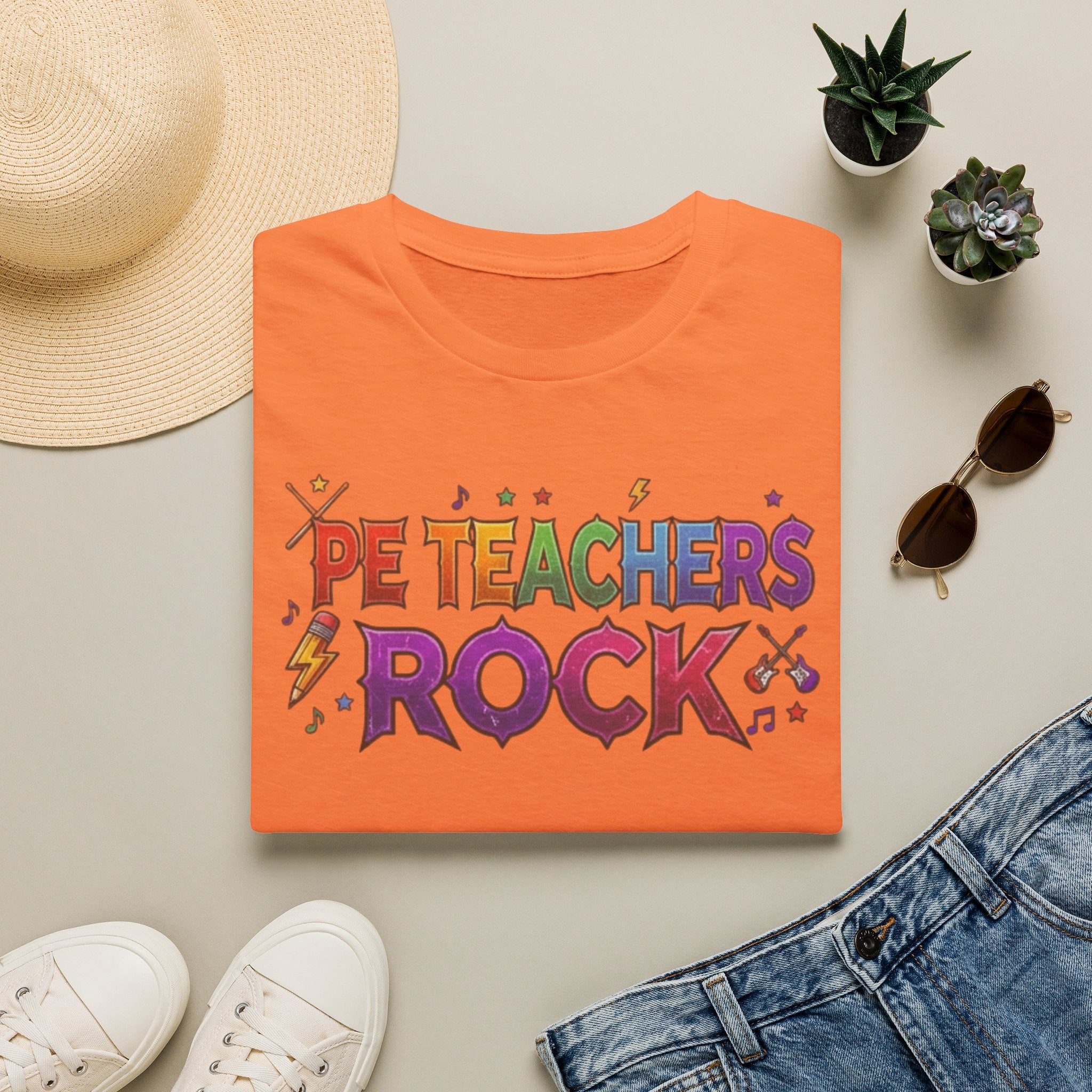 PE Teachers Rock T-Shirt — Colorful Retro Music Graphic Tee for Elementary & Special Ed Educators