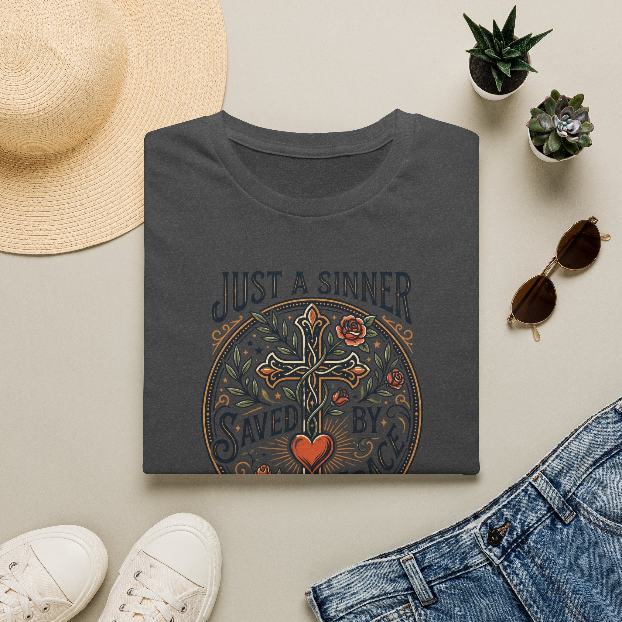 Christian Faith T-Shirt — "Just a Sinner, Saved by Grace" Cross Design