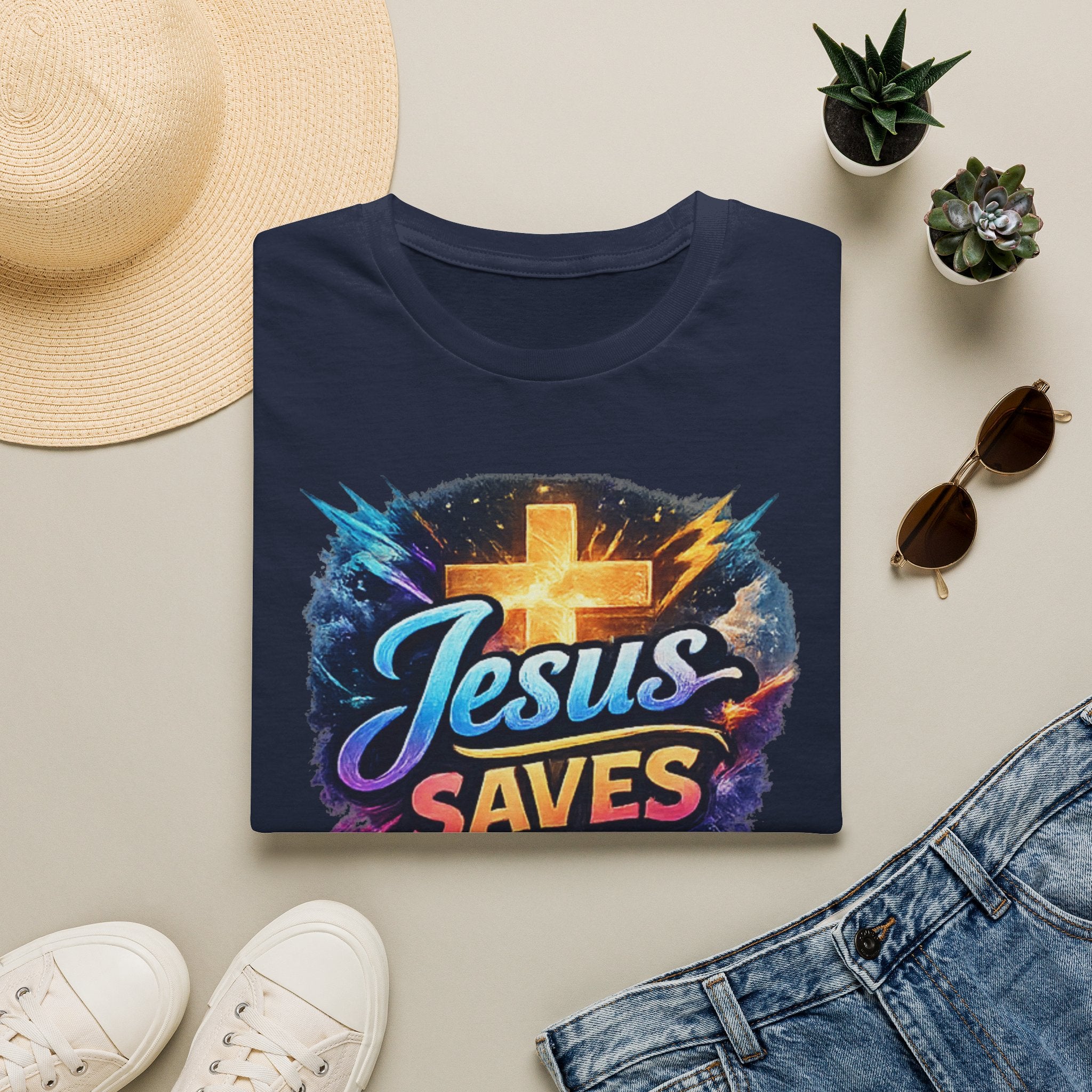 Jesus Saves T-Shirt — Colorful Cross Christian Faith Tee