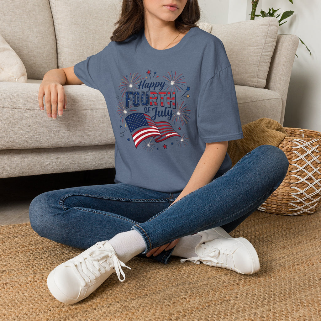 Fourth of July T-Shirt — "Happy Fourth of July" Patriotic Fireworks Flag Tee
