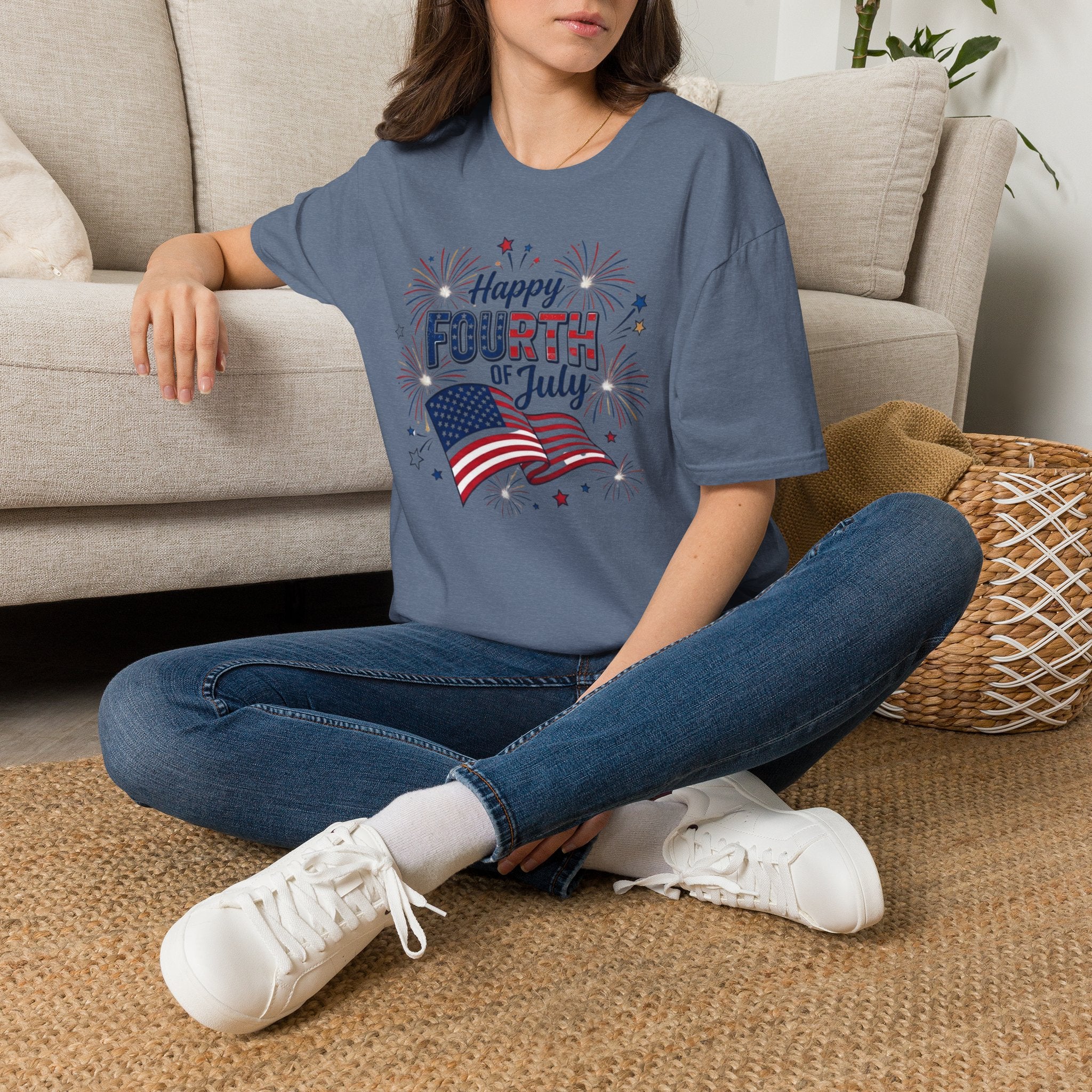 Fourth of July T-Shirt — "Happy Fourth of July" Patriotic Fireworks Flag Tee